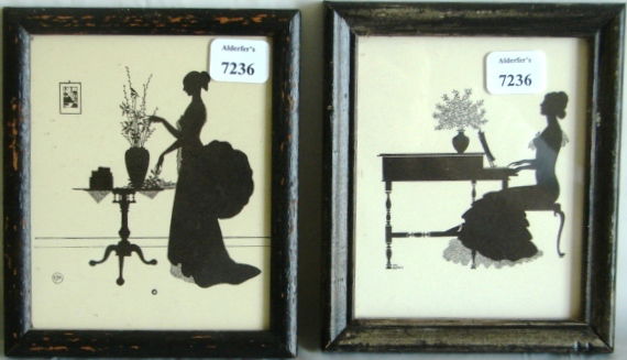 Wallace Nutting - Lot of Two Original Silhouettes: Lot of two original circa 1927 Wallace Nutting Silhouettes. Both Silhouettes are based upon an original drawing by Ernest John Donnelly, one of Wallace Nutting's employees. 1) Girl plays piano. 2) Gir