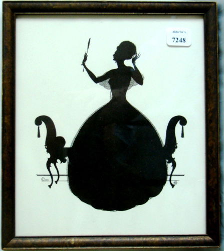 Wallace Nutting Silhouette - Girl by Settee: Original circa 1927 Wallace Nutting large-format Silhouette. Girl holds hand mirror while standing beside settee. Silhouette is based upon an original drawing by Ernest John Donnelly, one of Wallace N