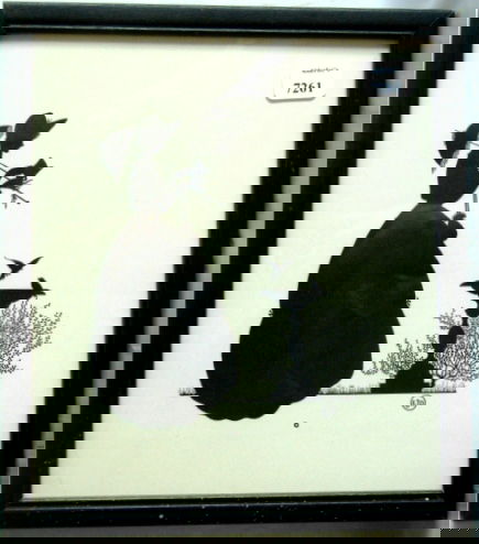 Wallace Nutting Silhouette - Girl by Birdbath: Original circa 1927 Wallace Nutting large-format Silhouette. Girl reads little book beside birds in garden bird bath. Silhouette is based upon an original drawing by Ernest John Donnelly, one of Walla