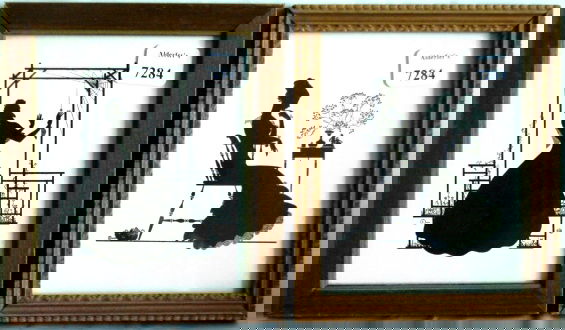 Wallace Nutting - Lot of Two Original Silhouettes: Lot of two original circa 1927 Wallace Nutting Silhouettes. Both Silhouettes are based upon an original drawing by Ernest John Donnelly, one of Wallace Nutting's employees. 1) Girl shies from trellace