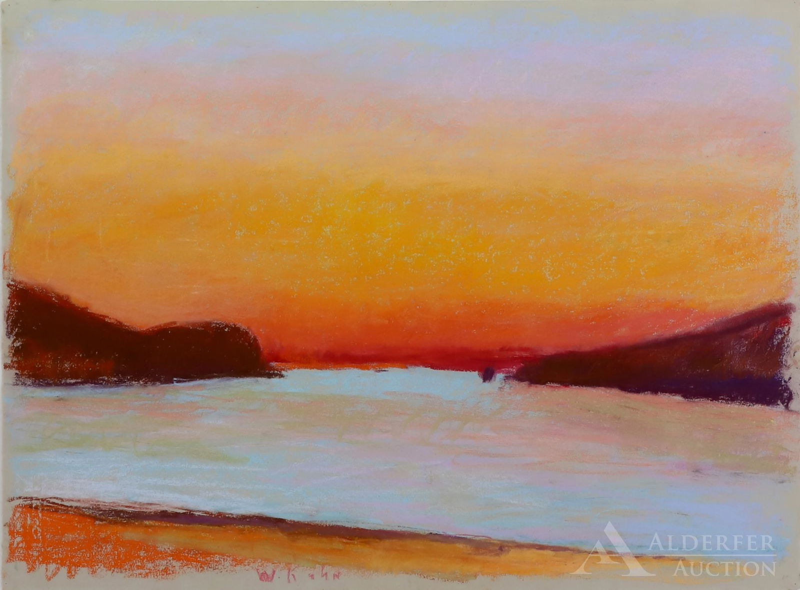 Wolf Kahn (Born 1927): Pastel, "Mt. Pinatubo (from Mexico)", SLL. Landscape at sunset. 22"h x 30"w and 32"h x 39"w framed