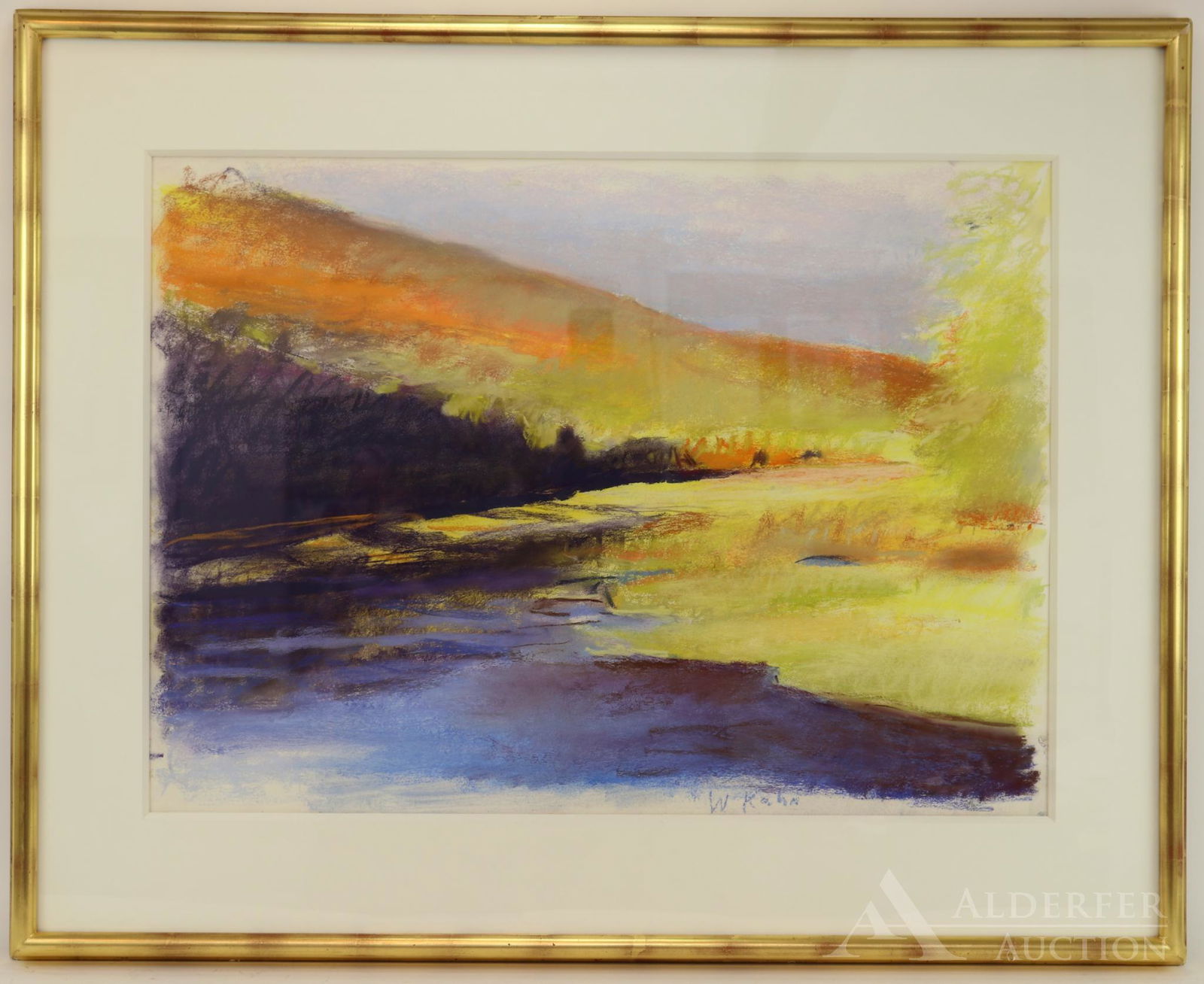 Wolf Kahn (Born 1927): Pastel, "Valley", SLR. Landscape with stream. 22"h x 30"w and 31"h x 38"w framed