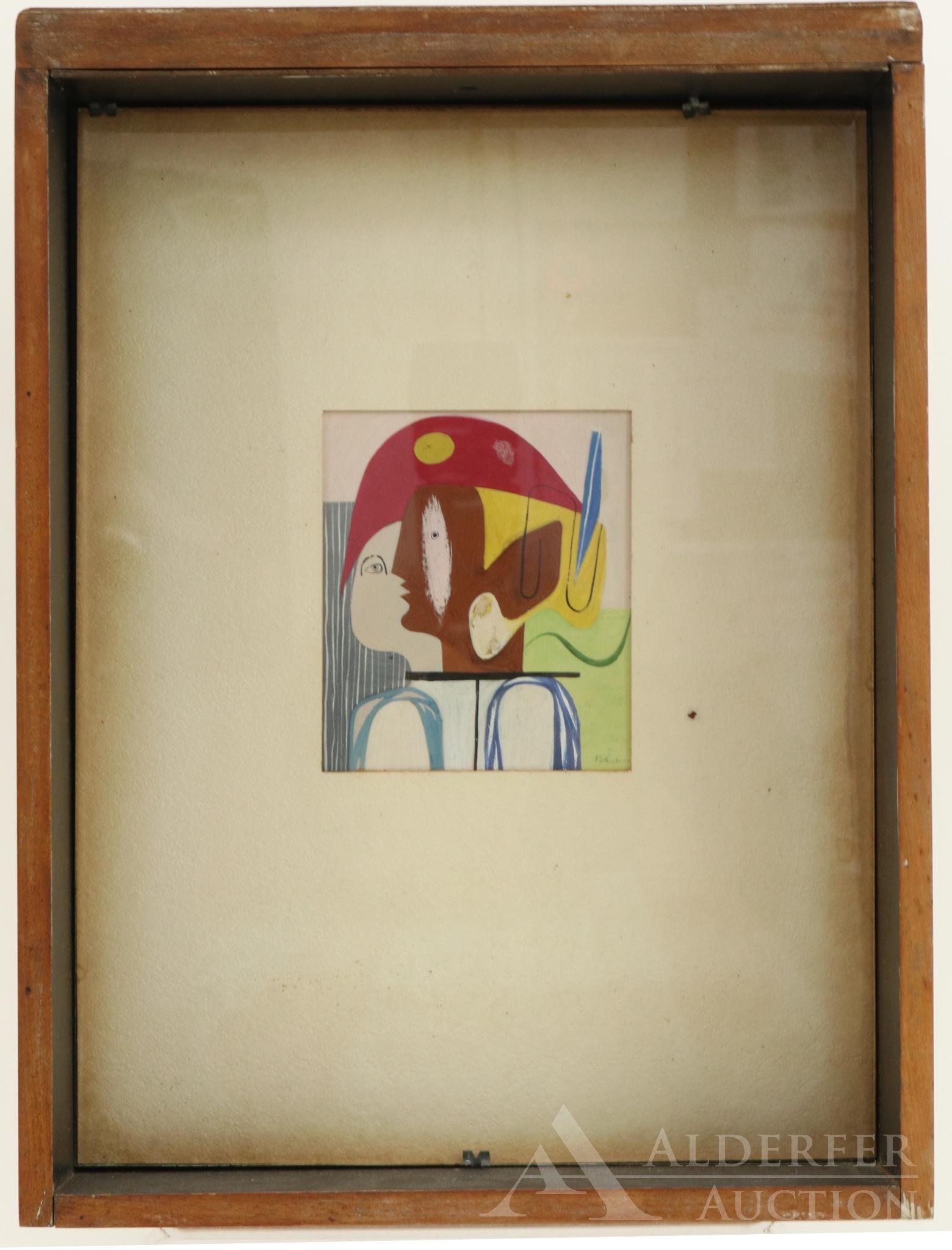 Nathan Gluck (1918-2008): Mixed media, SLR. Surreal portrait. Gluck was Andy Warhols principle studio assistant from the early 50's through the mid-60's. 4.5"h x 3.75"w sight and 15"h x 11"w framed.