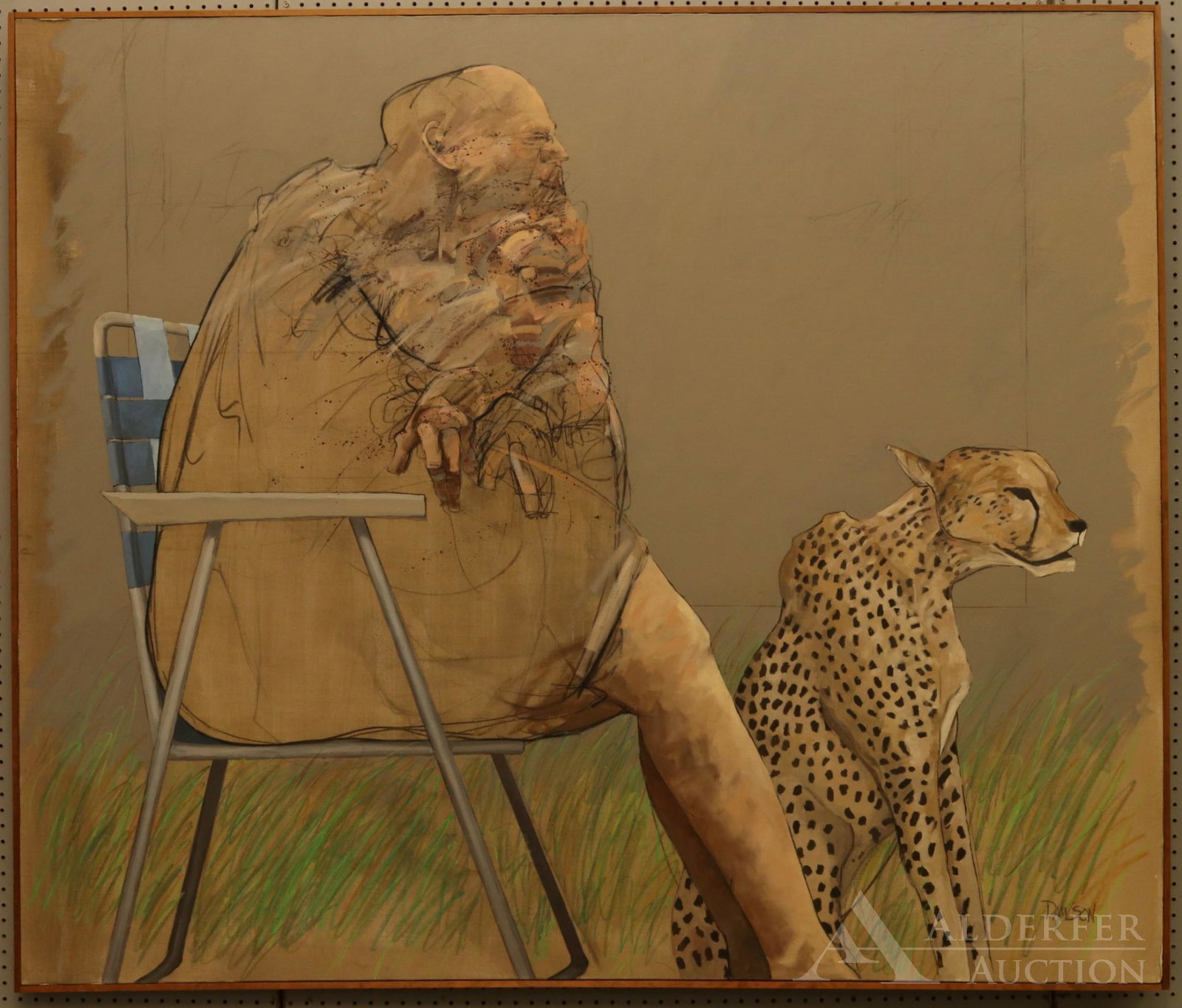 John Dawson (20th century): Oil on canvas, "Beauty and the Beast", SLR. Elderly male figure relaxing in lawn chair with a leopard sitting at his feet. 59.5"h x 69.75"w and 60.25"h x 70.5"w