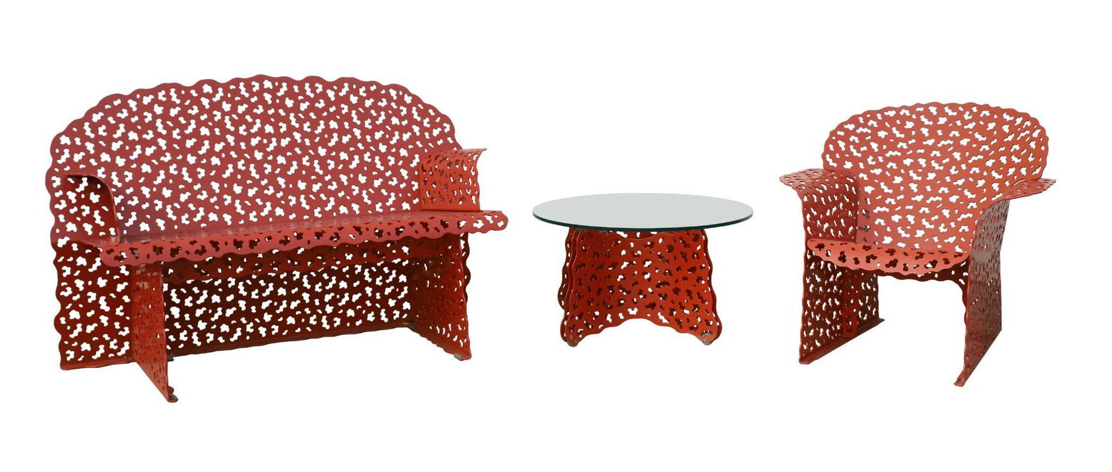 Richard Schultz for Knoll Topiary Set: Aluminum 3-piece patio set, painted orange. Includes arm chair and bench, both with rolled arms and scalloped edges, and small glass top table. Bench measures 35"h x 54" length x 22"d