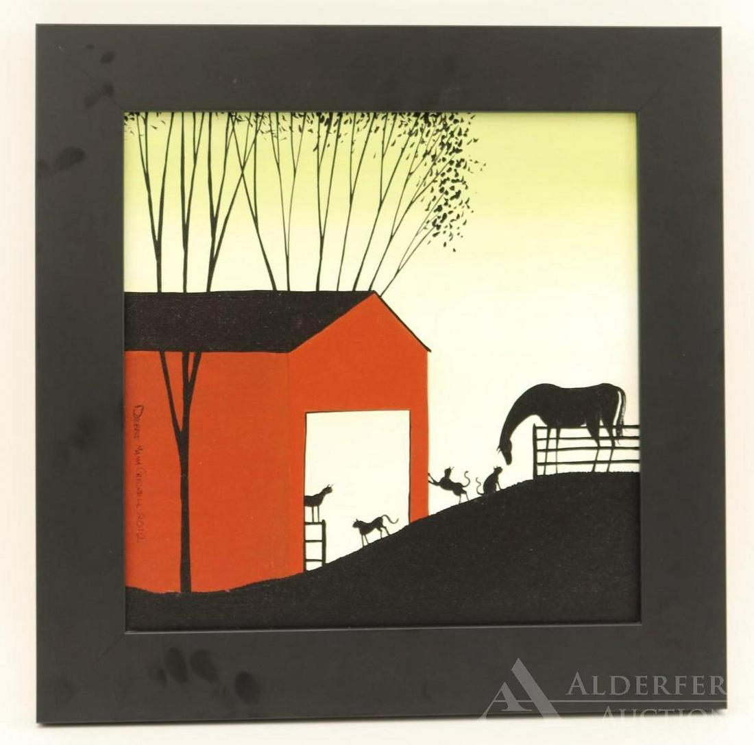 Debbie "Mama" Criswell (20th century): Oil on canvas, SLL "Two Hens and a Rooster 2011", signed and dated en verso. Folk art painting of young woman feeding fowl in green grass, with green house and rolling hills in background. Oil on canv