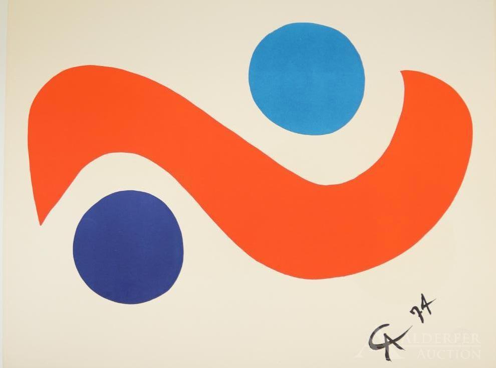 Alexander (Sandy) Calder (1898-1976): Lithographs, "Flying Colors Collection, 1974", signed. Set of five prints initialed by artist and stamp embossed with Braniff International Airlines stamp. 26"h x 20"w