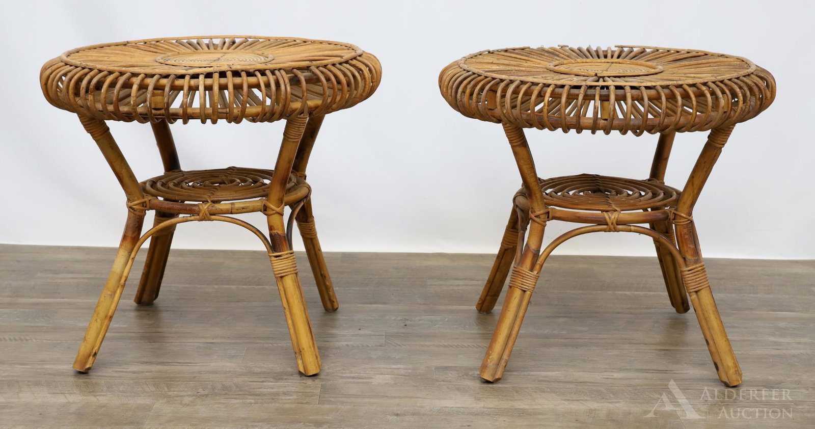 Pair of Bamboo and Rattan Side Tables: Table base without glass top. 23.5"h x 25" round