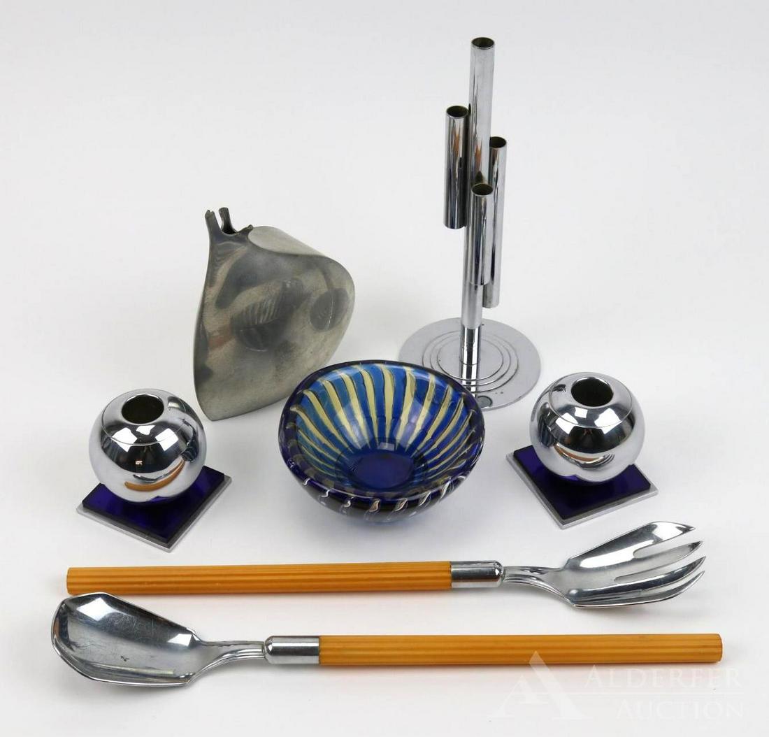 Mid Century Tableware and Decor: Includes signed Edvin OhrstromÂ Ariel trinket dish in cobalt blue, pair of Chase chrome and cobalt blue glass candle holders, sleek aluminum bud vase initialedÂ GP, a multi-layer cylindrical bud v