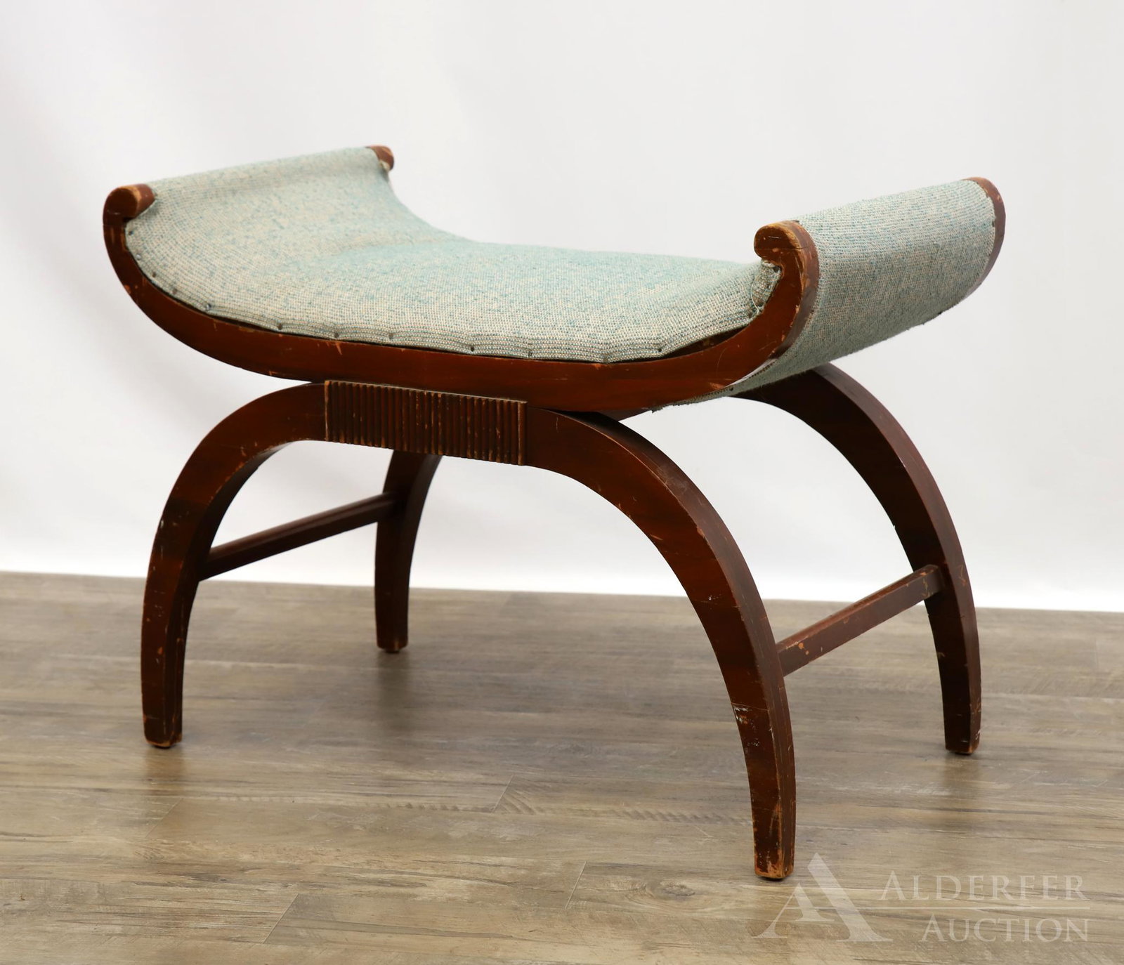 Highly Stylized Mahogany Curule Bench: Wide X form with scrolled arms and spade feet. 21"h x 15"w x 24"d