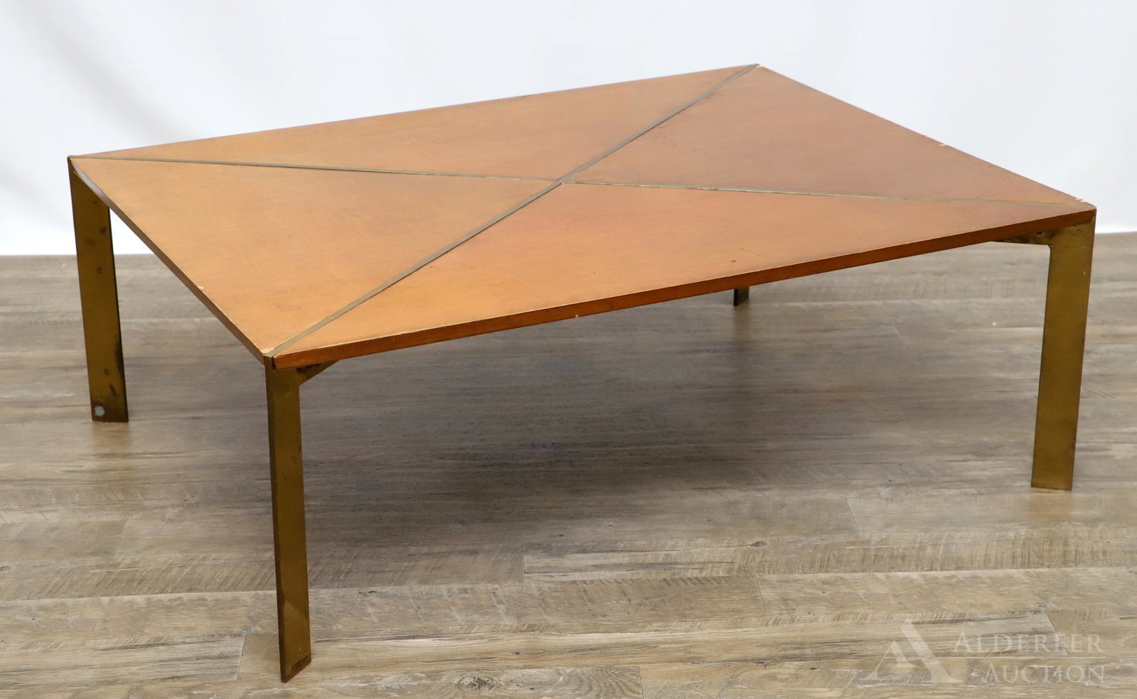 Mid-Century Modern Coffee Table: X form brass frame with veneered maple top. 16"h x 46"w x 28"d