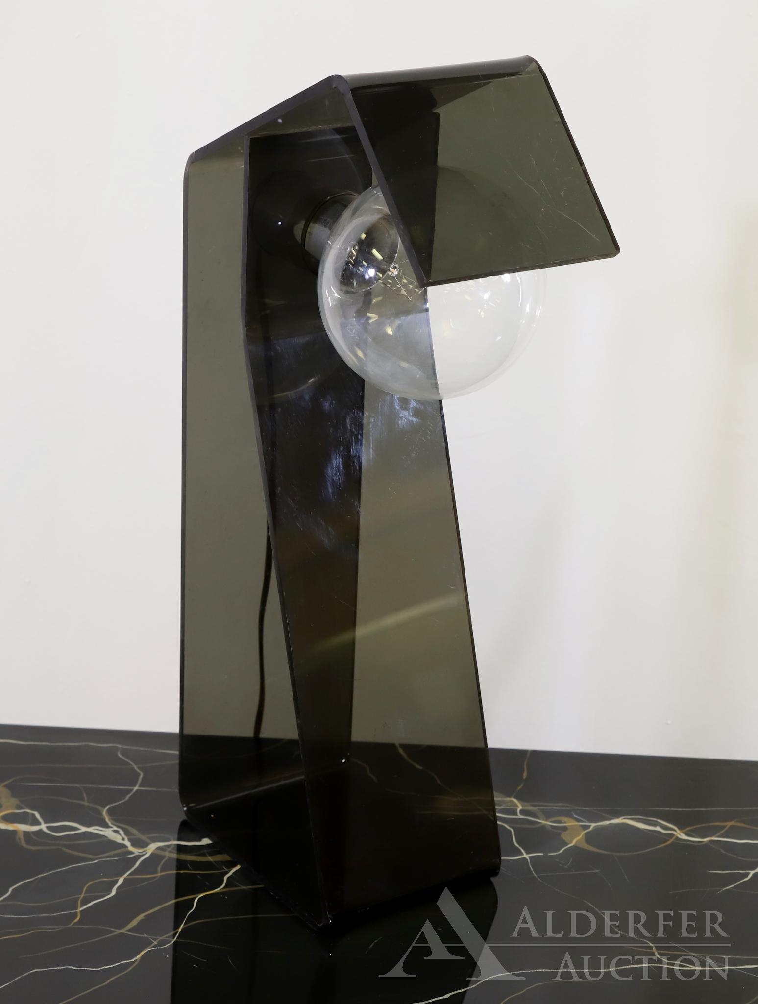 Modernist Plexiglass Table Lamp: Smoked Plexiglass table lamp. 20"h