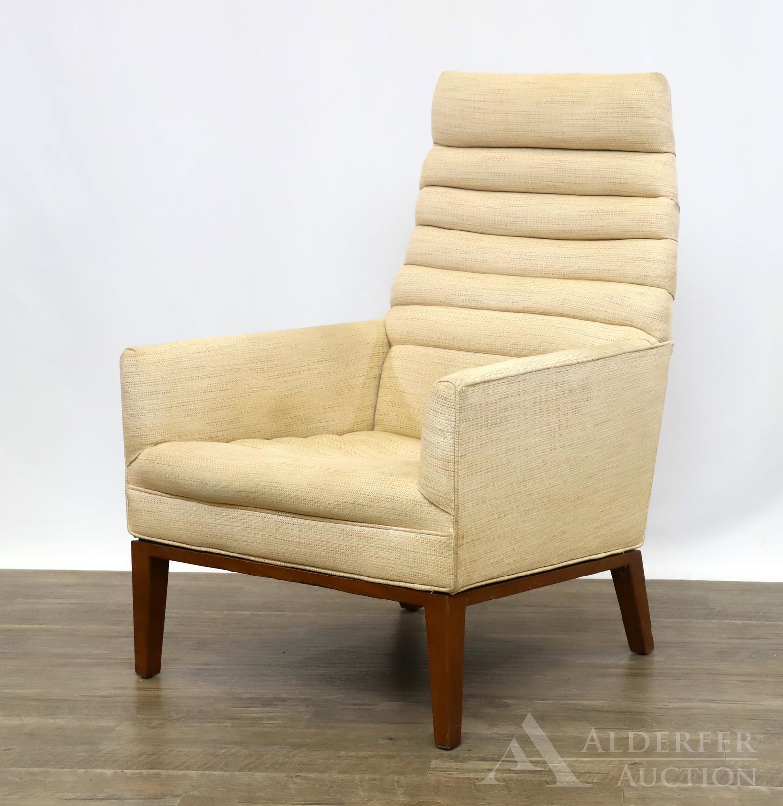 Edward Wormley for Dunbar Lounge Chair: High back upholstered arm chair with mahogany frame. Marked on underside.Â 39Â”h x 27Â”w x 27Â”d