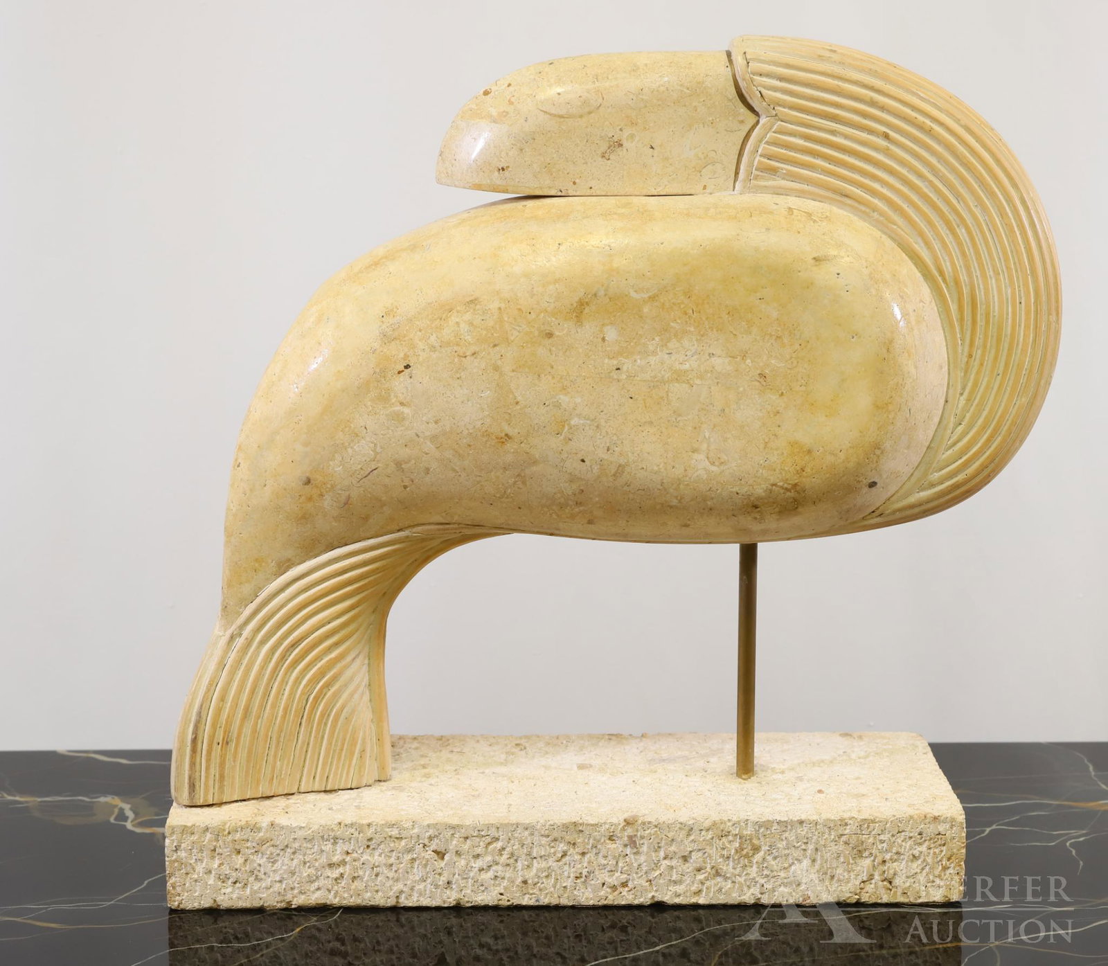 Tessellated Stone Bird Sculpture: Cut and pieced stone in shape of a bird. 18"h x 16"w x 5.5"d