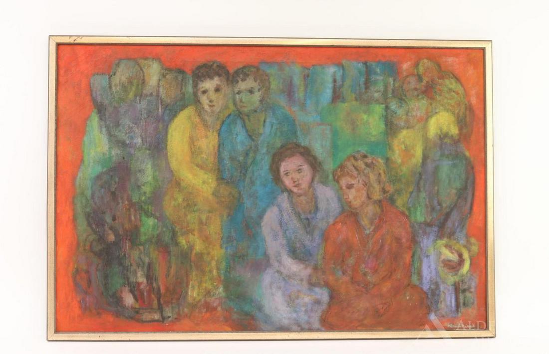 Anna Neagoe (1894-1986): Oil on canvas painting, SLR. Standing and sitting woman with forlorn expressions, abstract figures in background. 23.5"h x 35.5"w and 25"h x 37"w framed