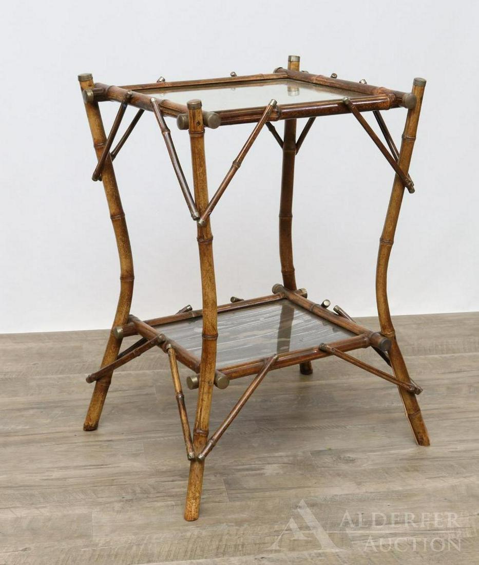 Bamboo Occasional Table: Two tier table with mirror top and bottom (silvering) and brass ferrules.???32"h x 23"w x 18"d
