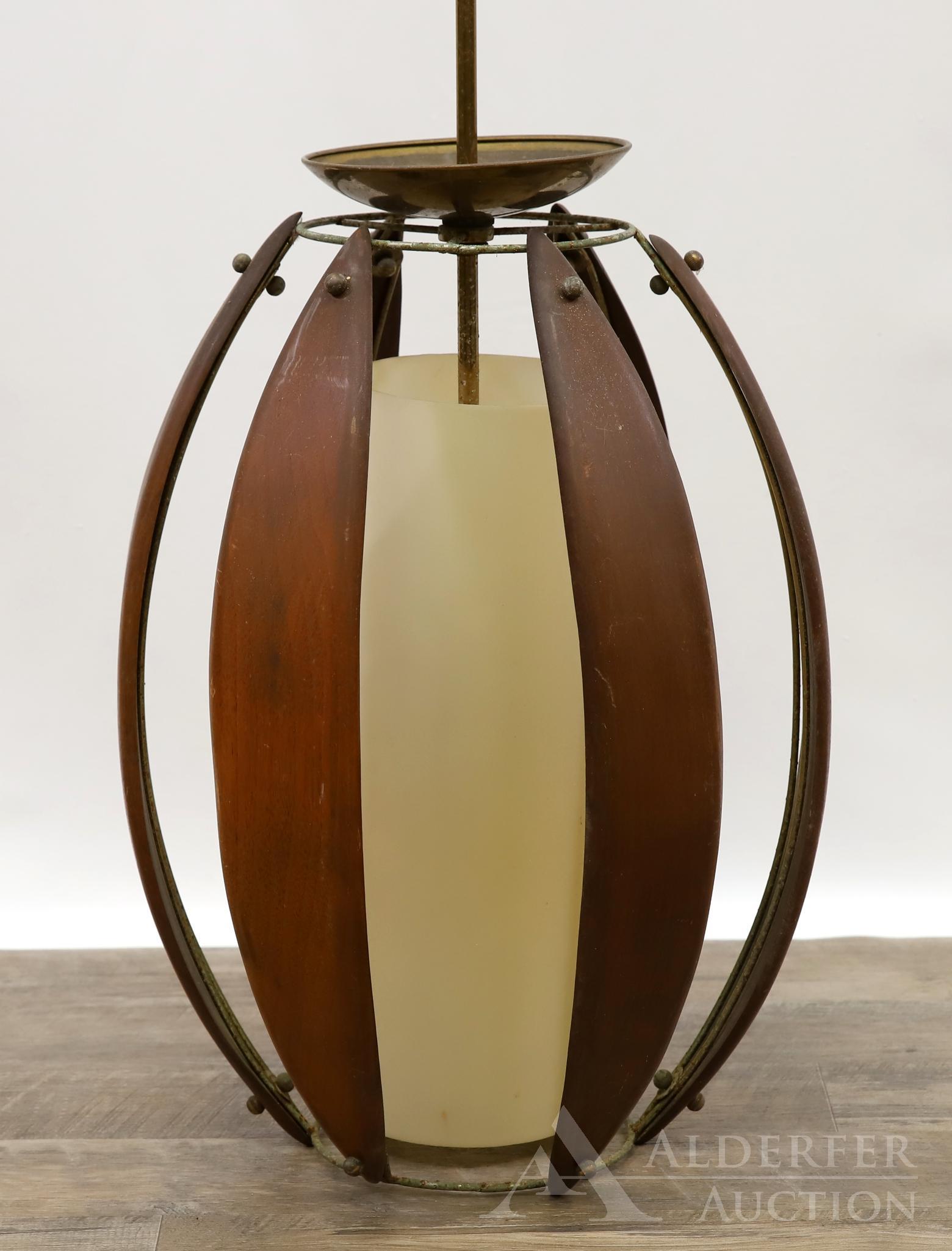 Mid-Century Modern Hanging Lamp: Walnut with plastic diffuser and brass plated cap. 33"h