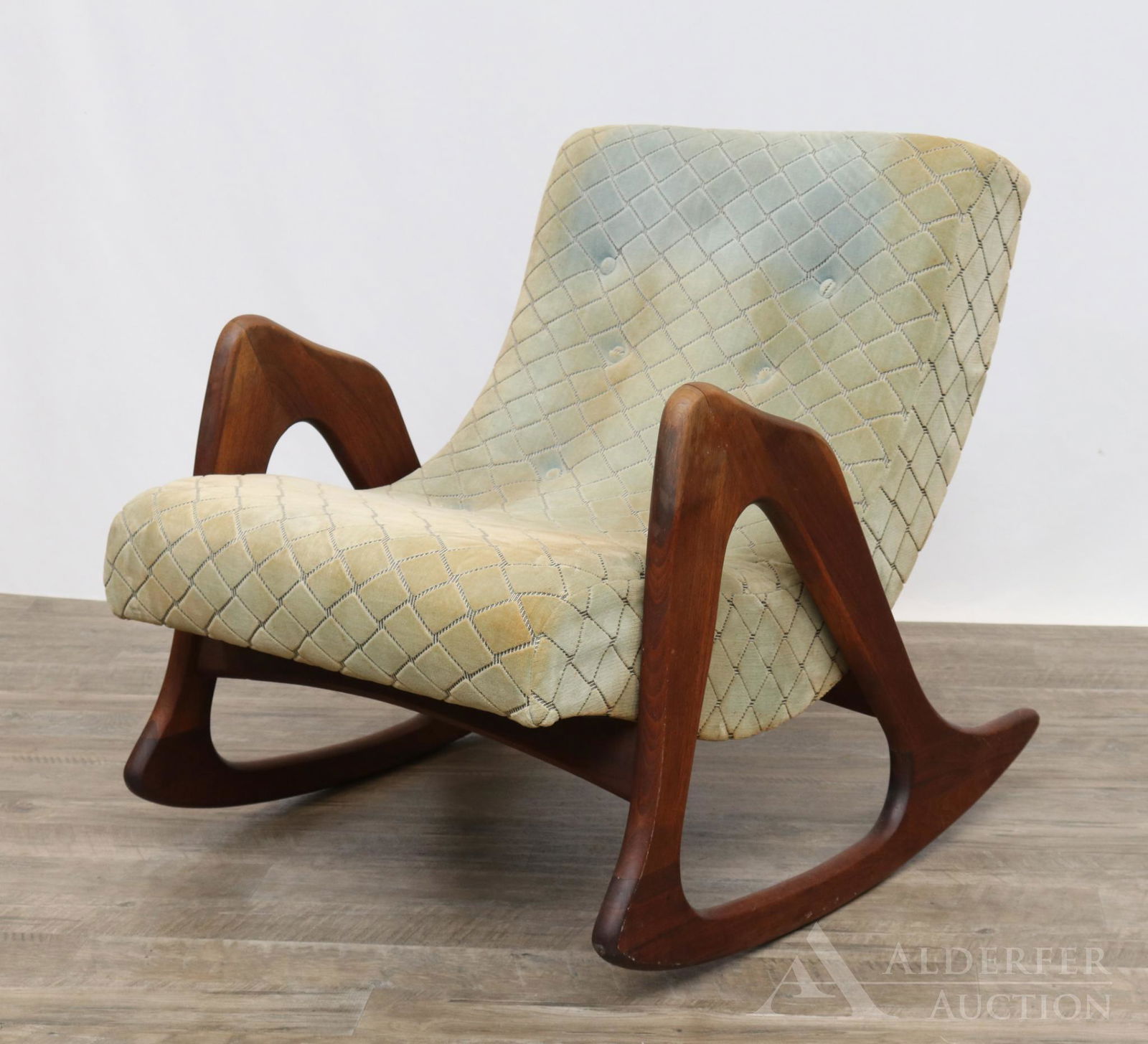 Adrian Pearsall for Craft Associates Rocker: Rocking chair with walnut frame and green tufted upholstery. 31"h x 26"w x 35"d