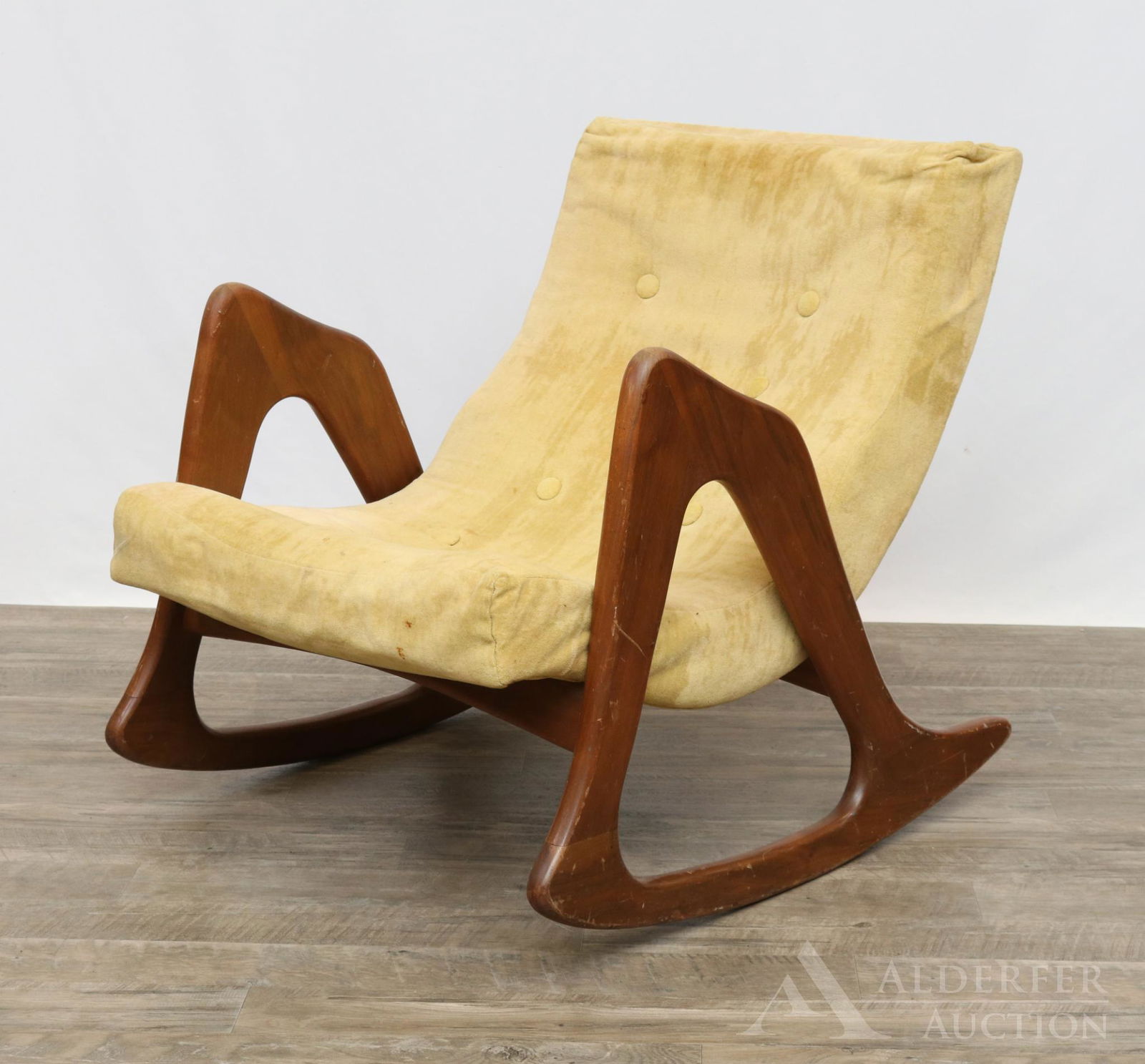 Adrian Pearsall for Craft Associates Rocker: Rocking chair with walnut frame and yellow tufted upholstery. 31"h x 26"w x 35"d