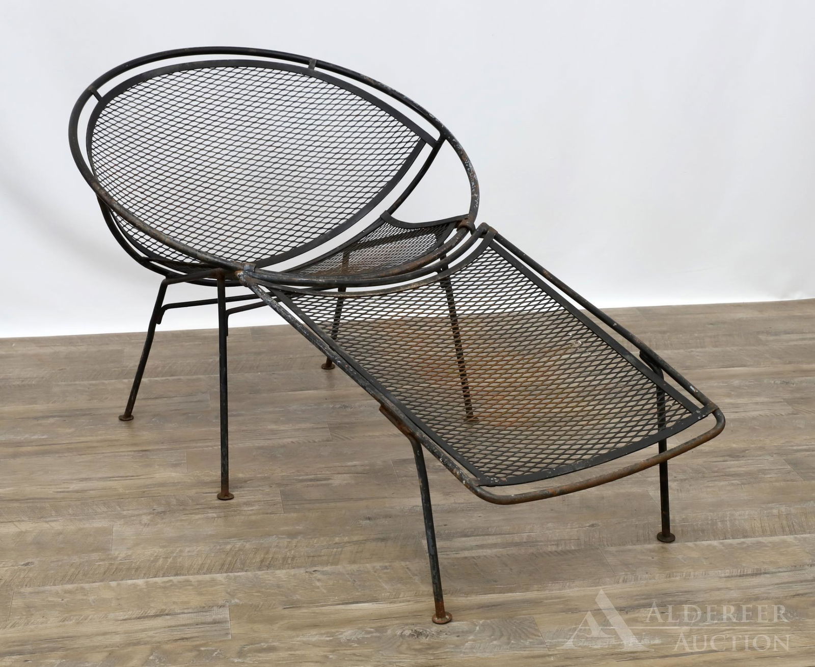 Maurizio Tempestini "Radar" Lounge Chair: Maurizio Tempestini for John Salterini. Wrought iron "Radar" lounge chair with leg rest. Chair 28"h x 30"w x 23"d and leg rest 12"h x 20"w x 28"d