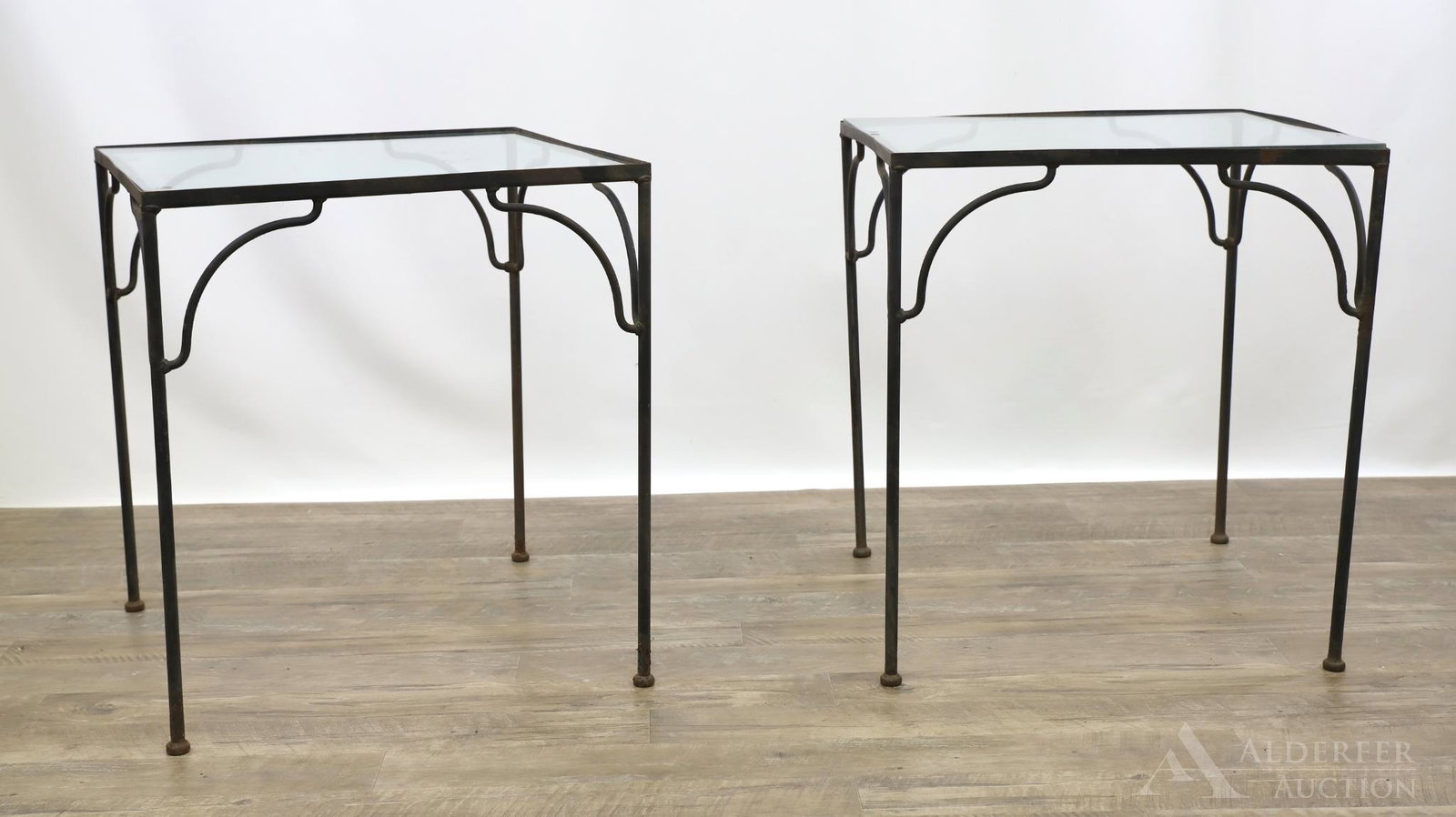Salterini Wrought Iron & Glass Occasional Tables: (2) Wrought iron frame with glass tops. 24"h x 22" square