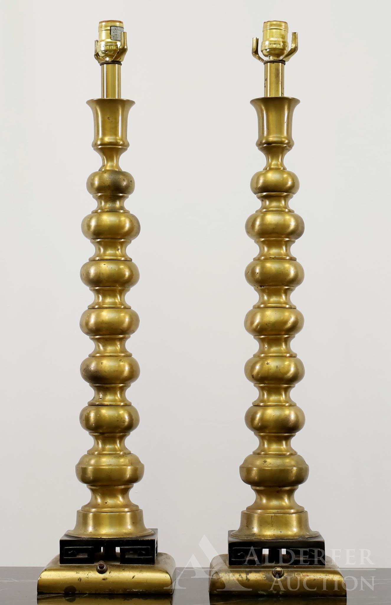 Pair of Mutual Sunset Table Lamps: Turned brass with square bases. Label on socket. 27.75"h