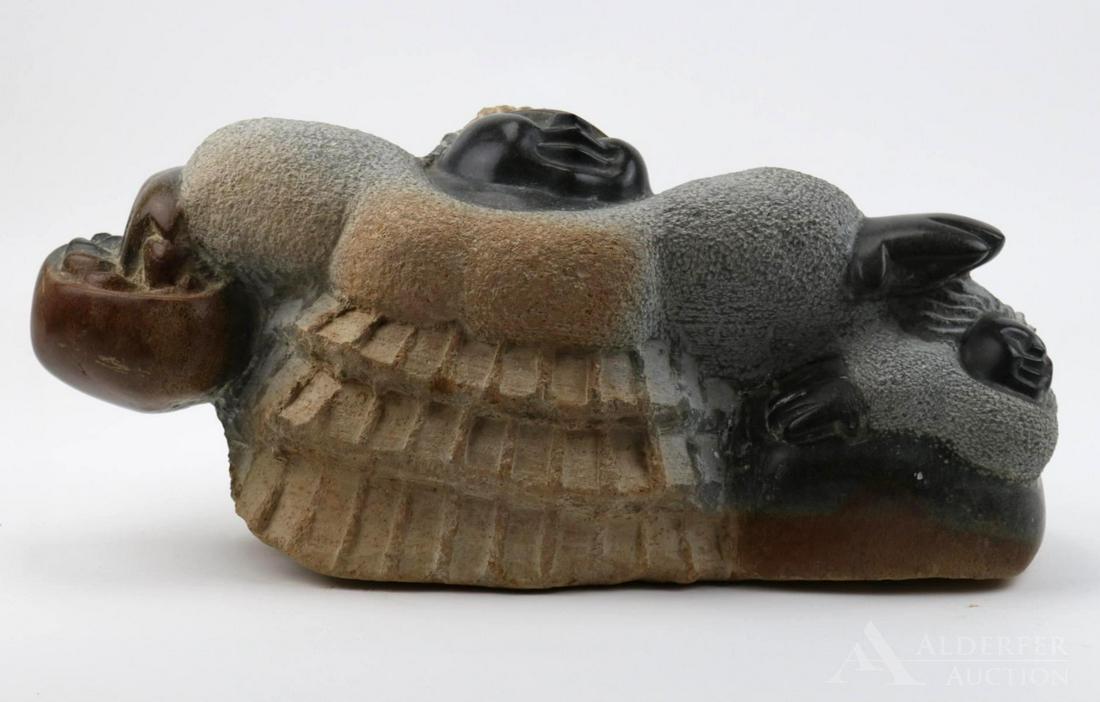 Shona Sculpture: Figural sculpture of a woman and child done in springstone. Sculpted by Madamombe. 8.5"h x 18.5"w x 7"d