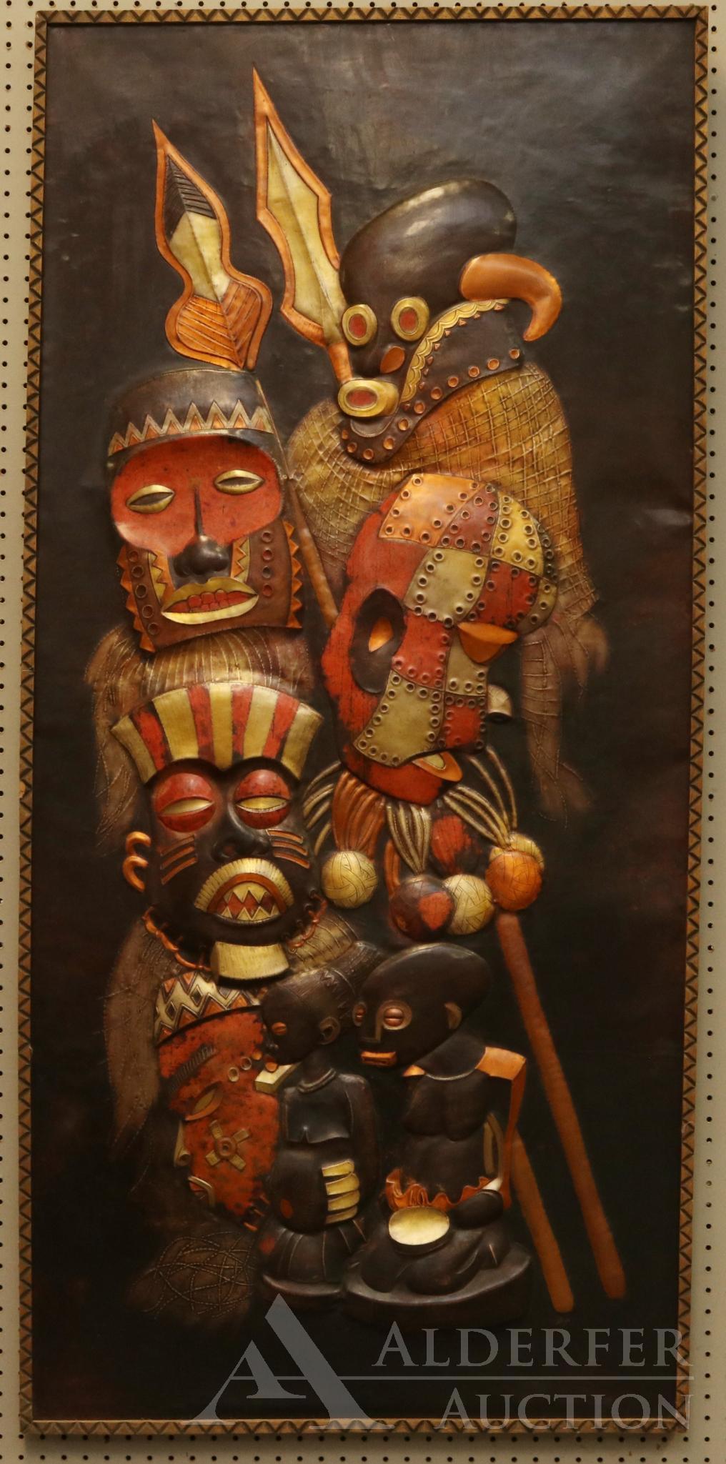 N. Tuba: Hammered copper relief panel, SDLR, 1993. African tribal wall sculpture of several figures wearing masks, two standing with throwing spears. 65.5"h x 31"w