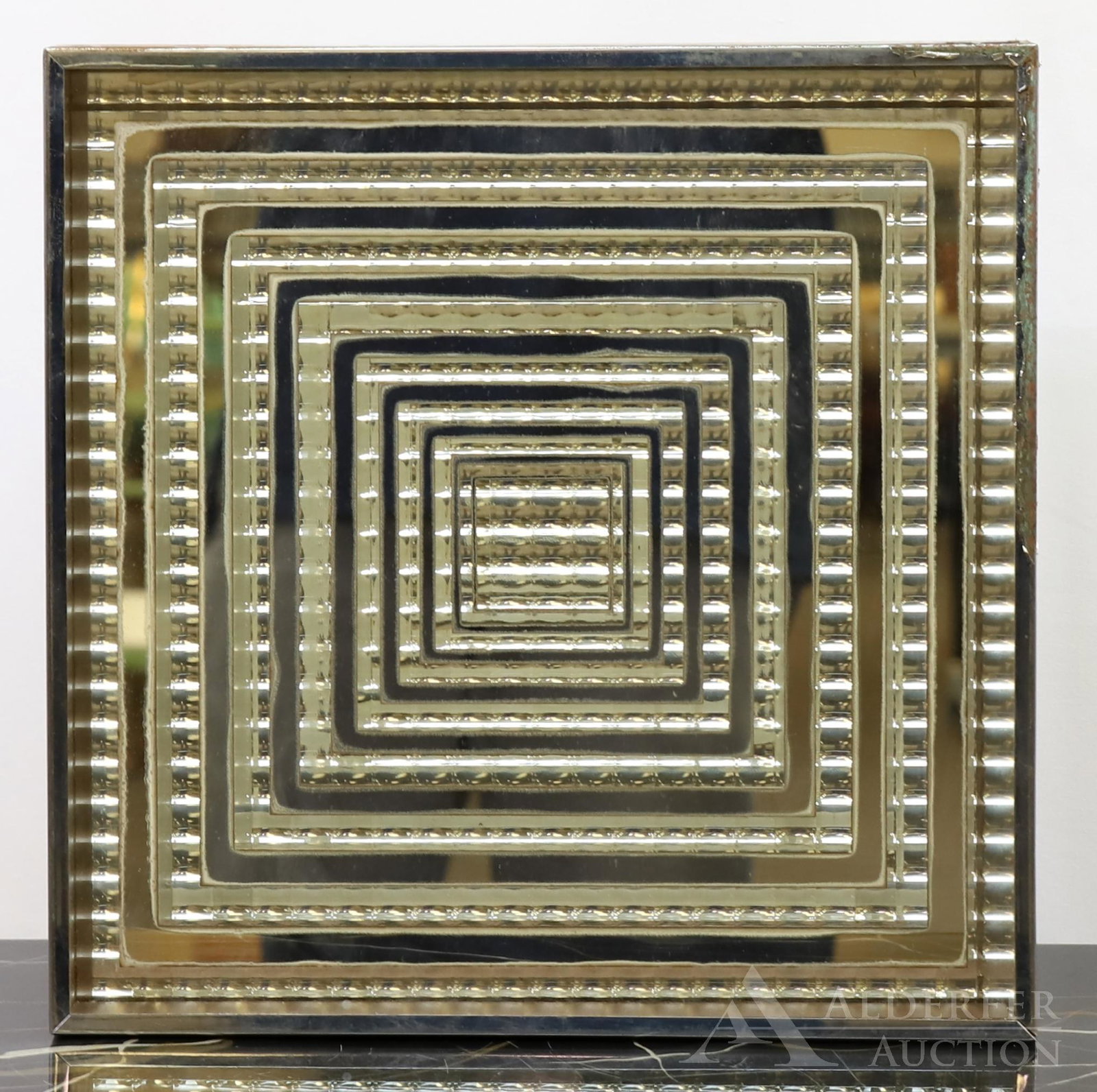Mid-Century Modern Op-Art Wall Art: Reflecting hanging art with concentric square pattern. 12" square