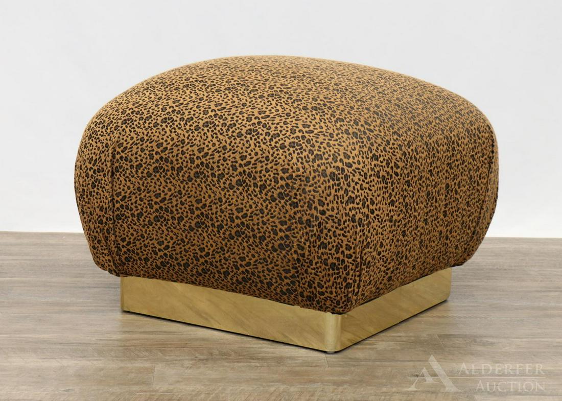 Karl Springer Pouffe: Animal print upholstered ottoman with brass wrapped bottom. 17"h x 25"w x 25"d