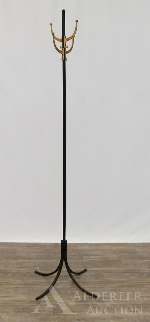 Machine Age Clothes Tree: Wrought iron and cast brass hangers on splayed legs. 66"