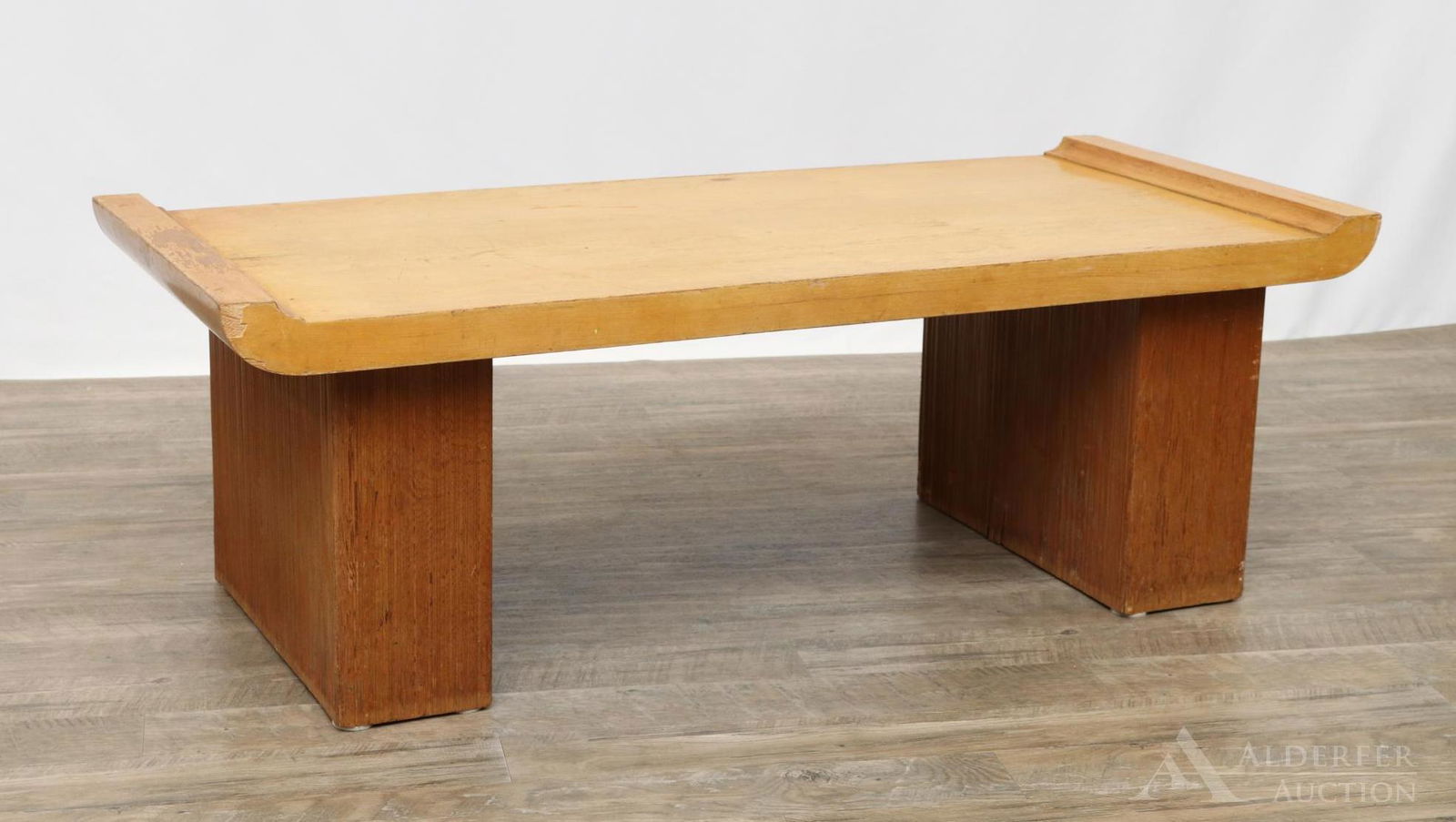 Paul Frankl for Brown-Saltman Coffee Table: Birch wood top on teak cubed legs. Label on underside. 17"h x 47.75"w x 21"d