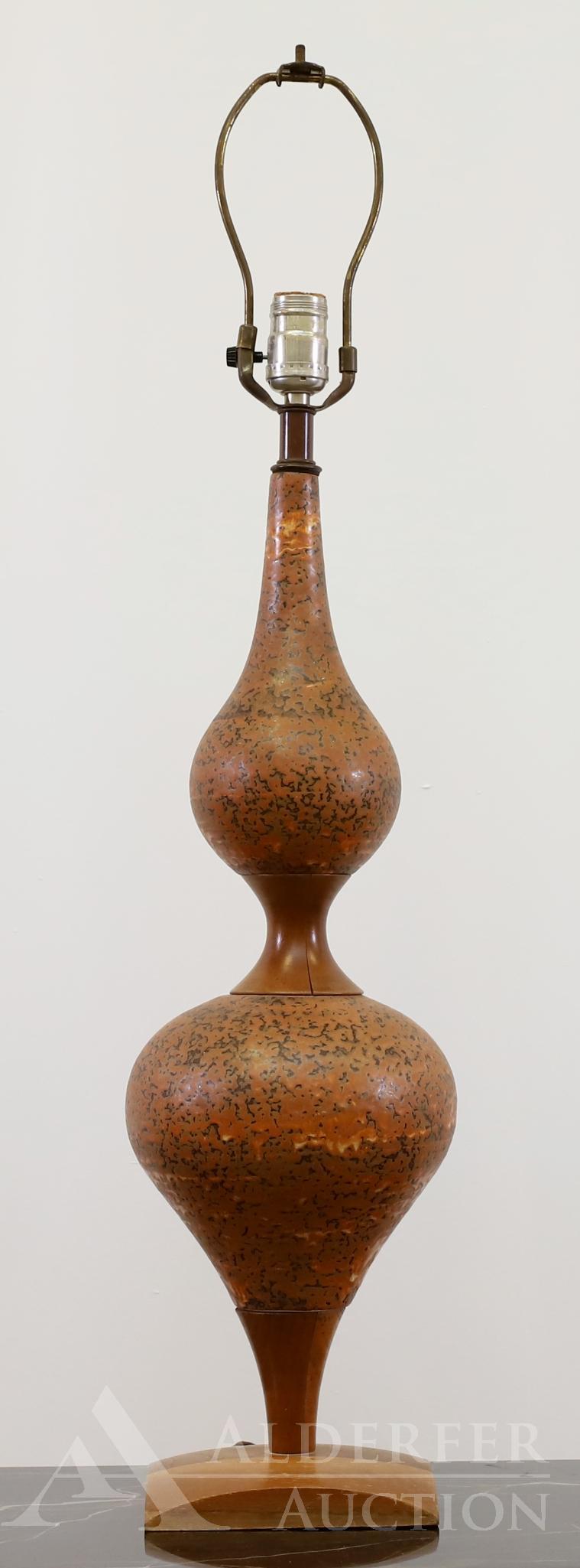 Mid-Century Modern Pottery Table Lamp: Double gourd earthenware and wood lamp. 32"h