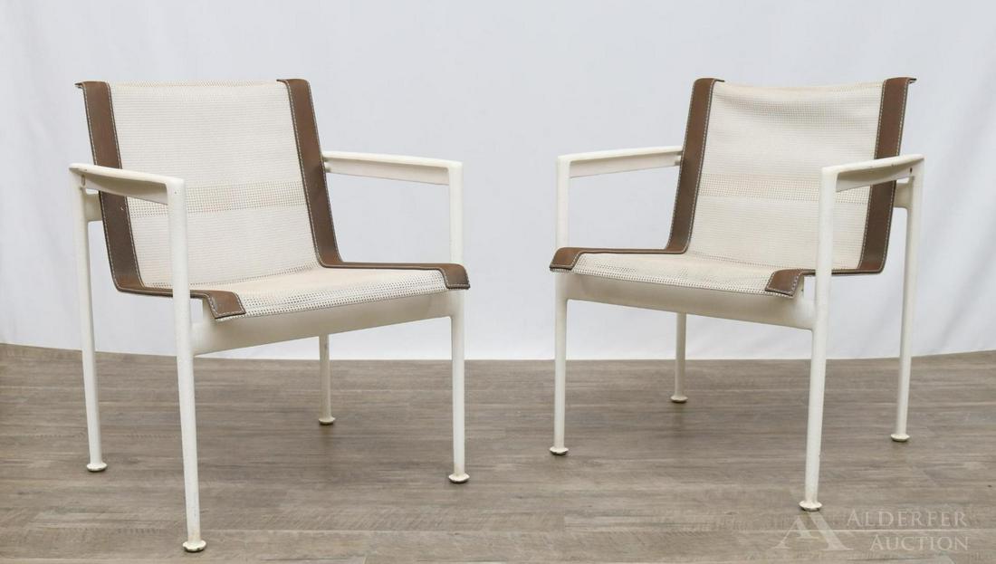 Richard Schultz for Knoll Lounge Chairs: Painted cast aluminum outdoor dining chairs with mesh seat and back and vinyl accents. 29"hx 23"w x 17"d