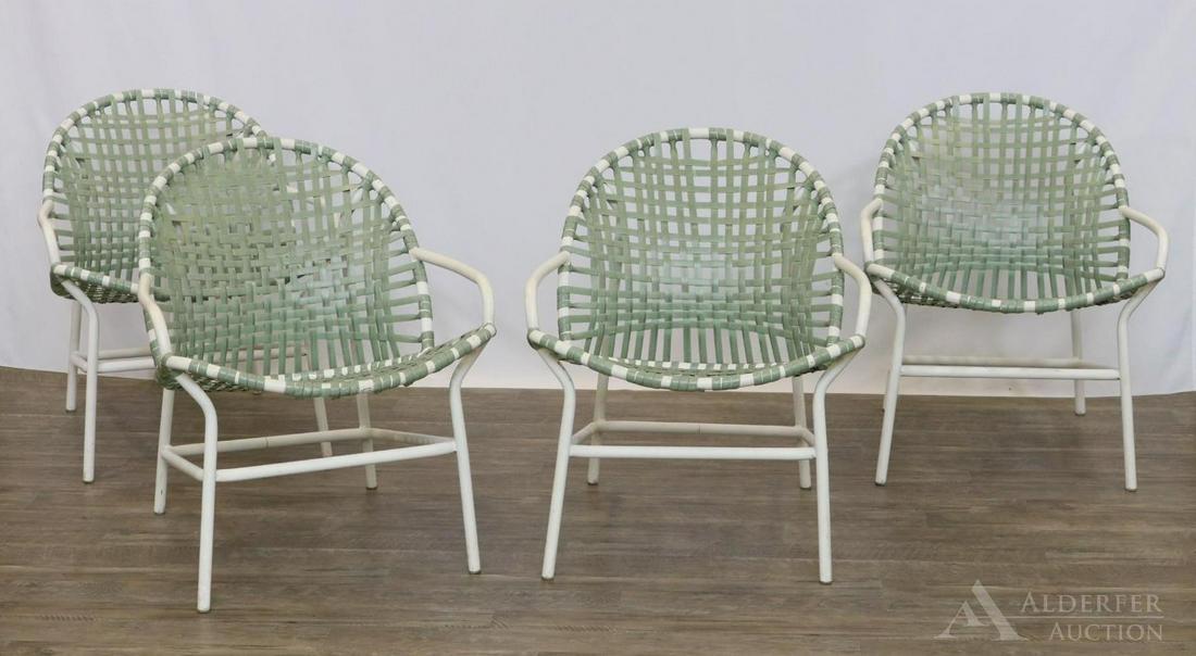 Brown Jordan Kantan Lounge Chairs: Set of (4) outdoor arm chairs with enameled tubular frame and vinyl woven plastic seat and backs. 25"h x 24"w x 30"d