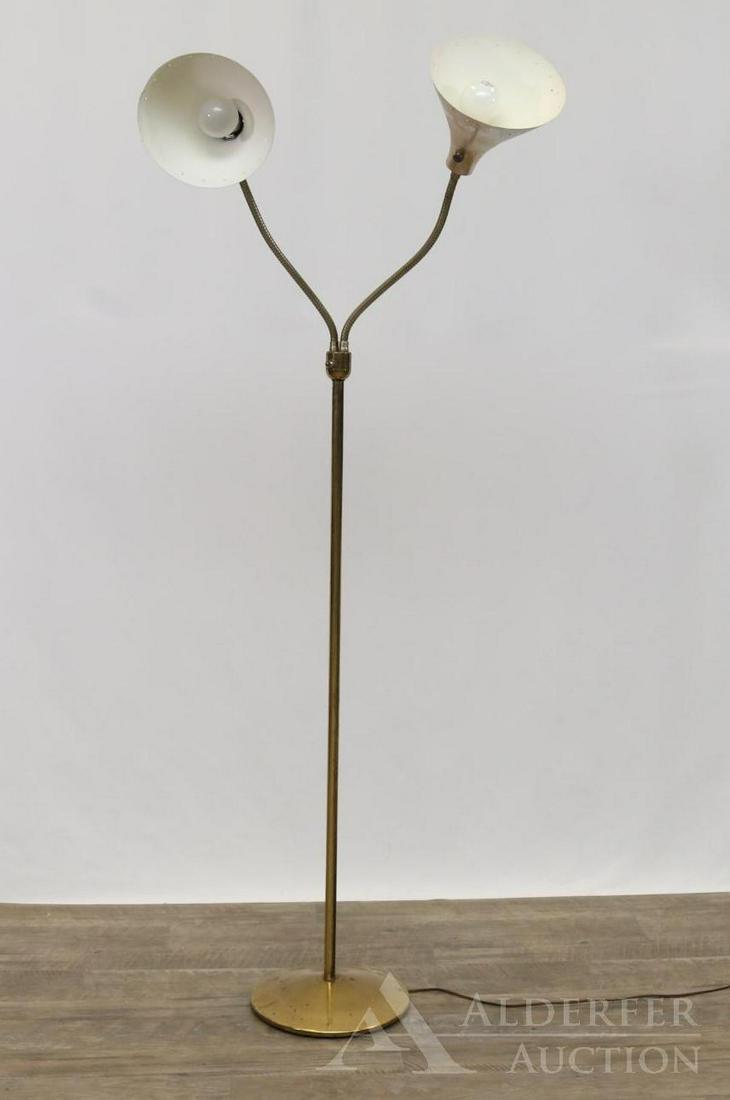 Modernist 2-Head Goose Neck Floor Lamp: Brass with two extending and adjustable heads. 62"h