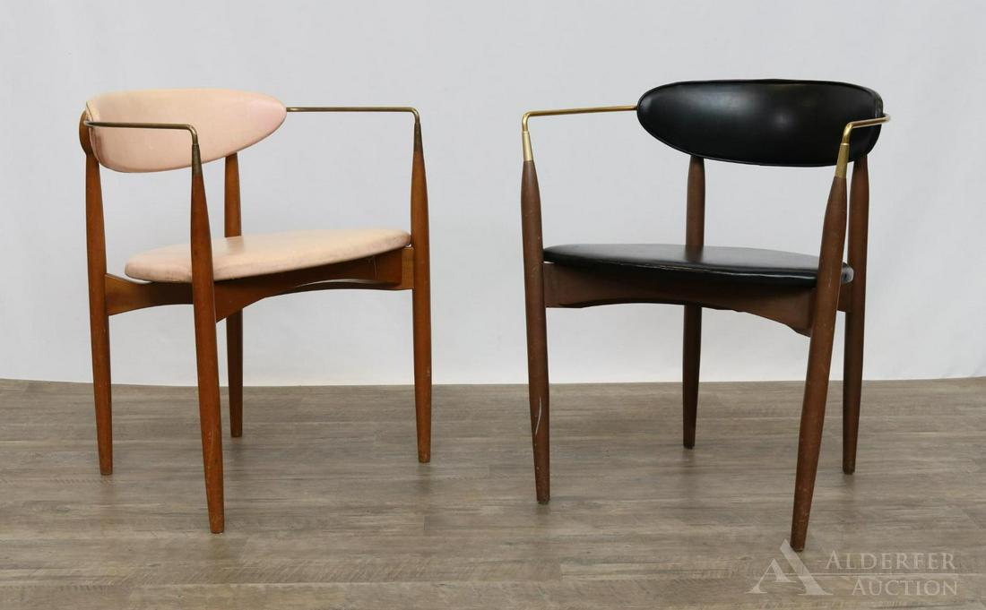 Pair of IB Kofod-Larsen for Selig Arm Chairs: Pair of cherry frame chairs with concave back and brass tubular arms conforming to tapered legs. Vinyl seat and back. Label on underside. 28"h x 23"w x 18"d