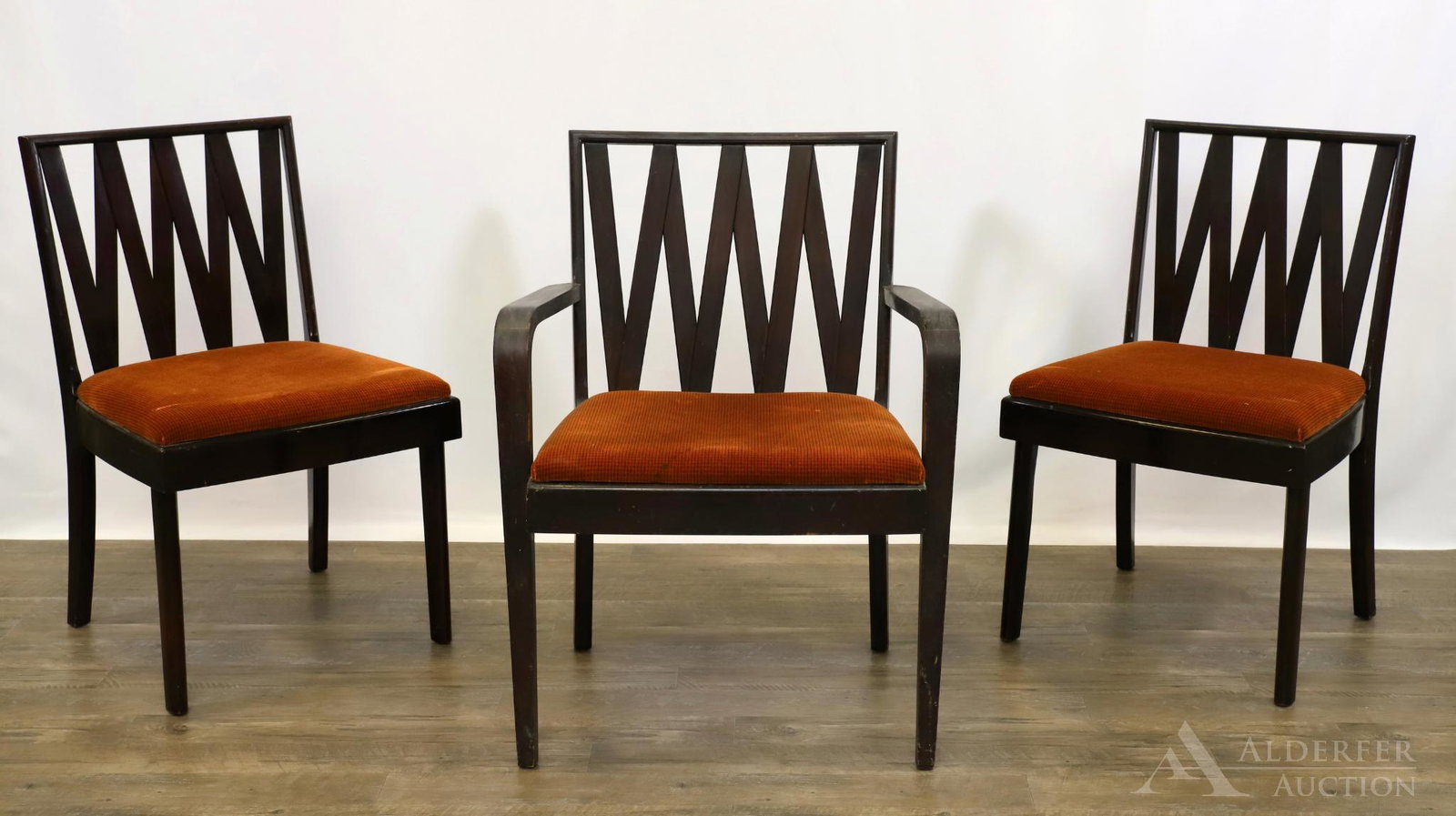 Paul Frankl for Johnson Mid-Century Dining Chairs: (3) Mahogany framed dining chairs with criss-cross splat, upholstered seat and straight legs. 33"h x 18.75" x 19"d