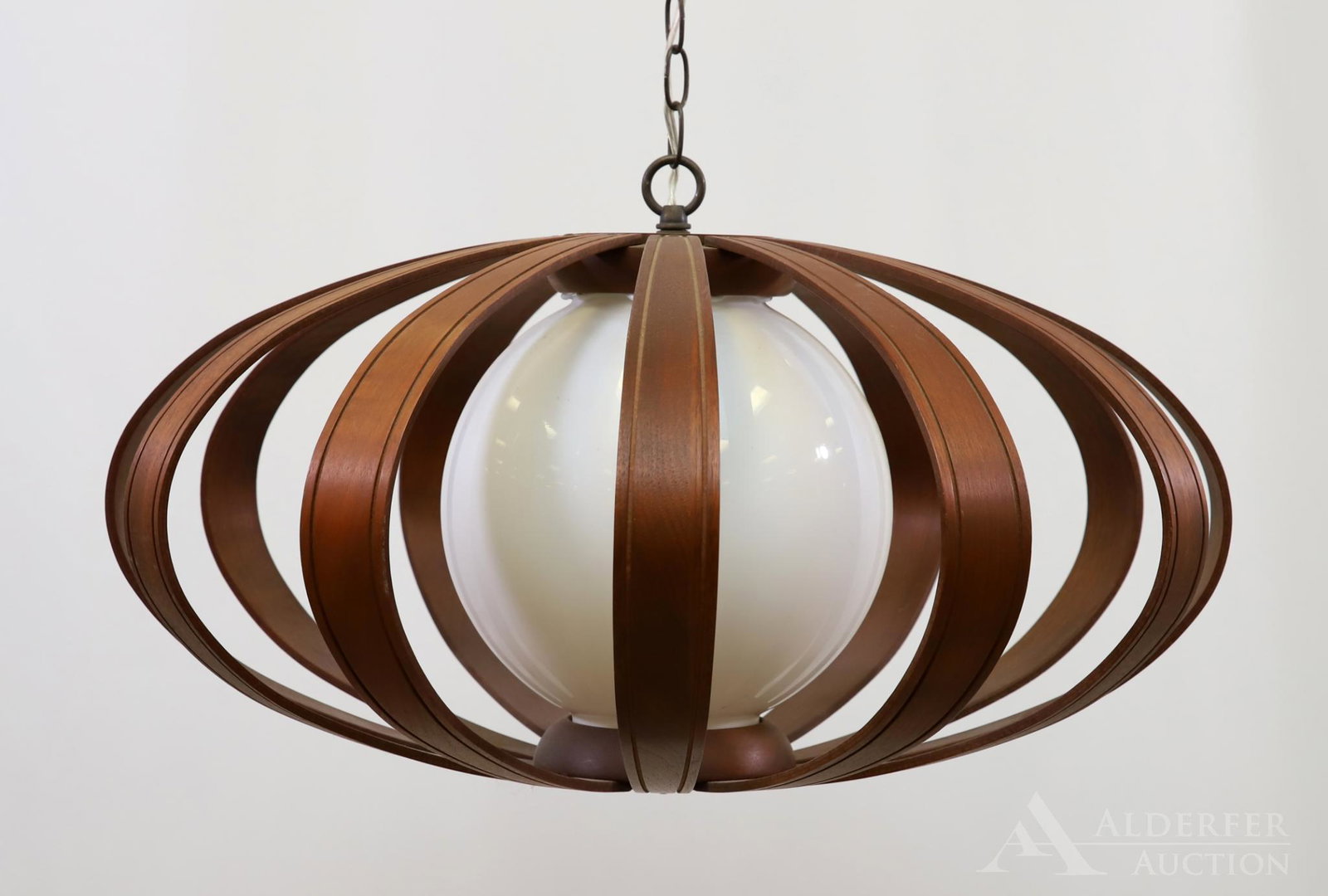 Mid-Century Modern Elliptical Hanging Lamp: Walnut and white glass globe. 12"h x 24"w