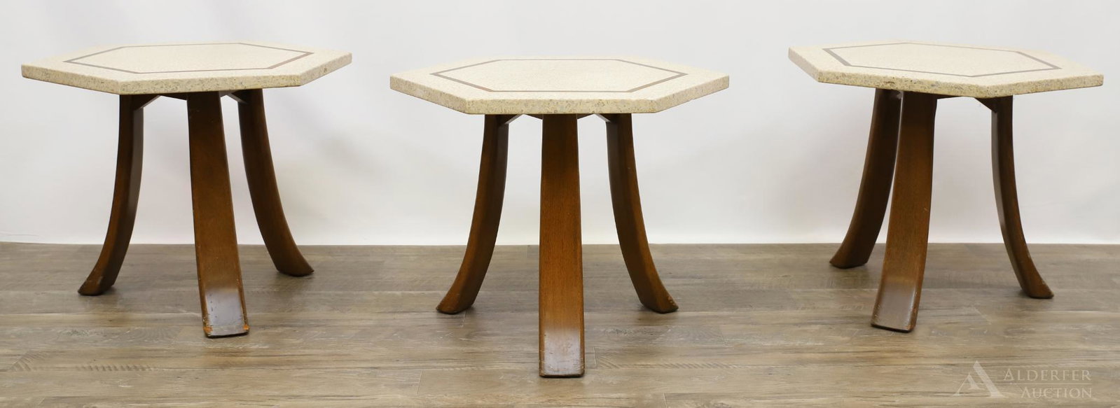 Harvey Probber Terrazzo and Brass Side Tables: (3) Hexagonal terrazzo stone tops with brass inlay on mahogany splayed legs. 17"h x 22"w x 19.5"d