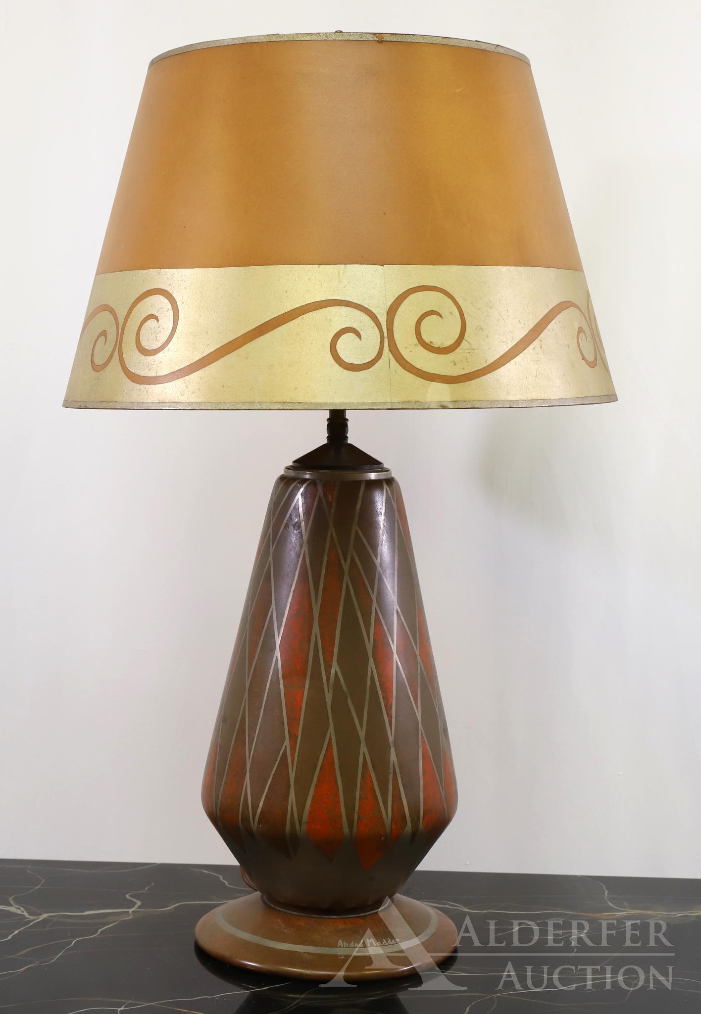 Signed Andre Madder French Art Deco Table Lamp: Painted copper with modernist paper shade. Signed "Andre Madder" on base. 26"h