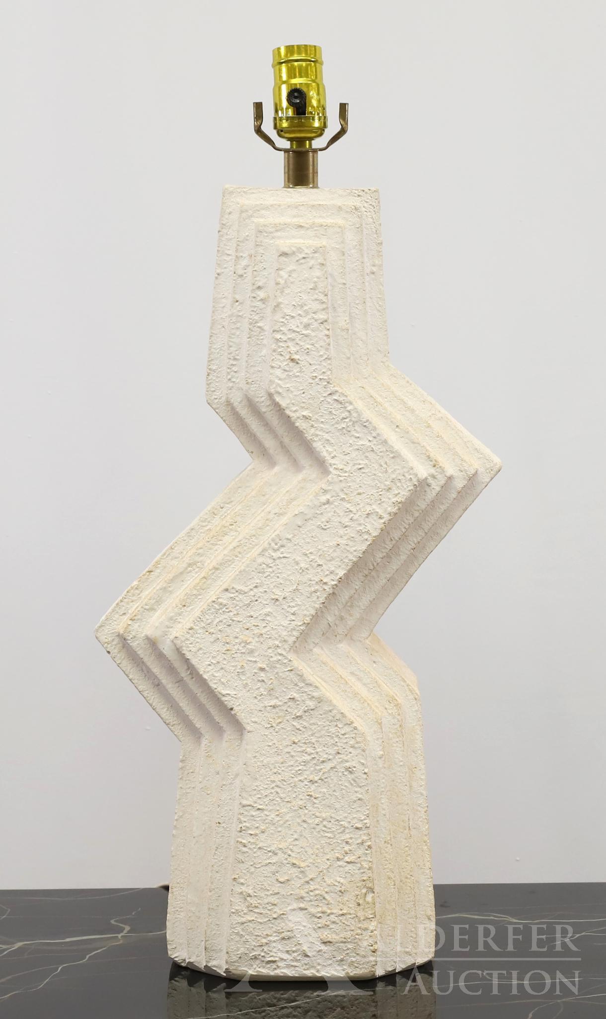 Modernist Abstract Table Lamp: White cast plaster lamp in zig-zag form. 23"h