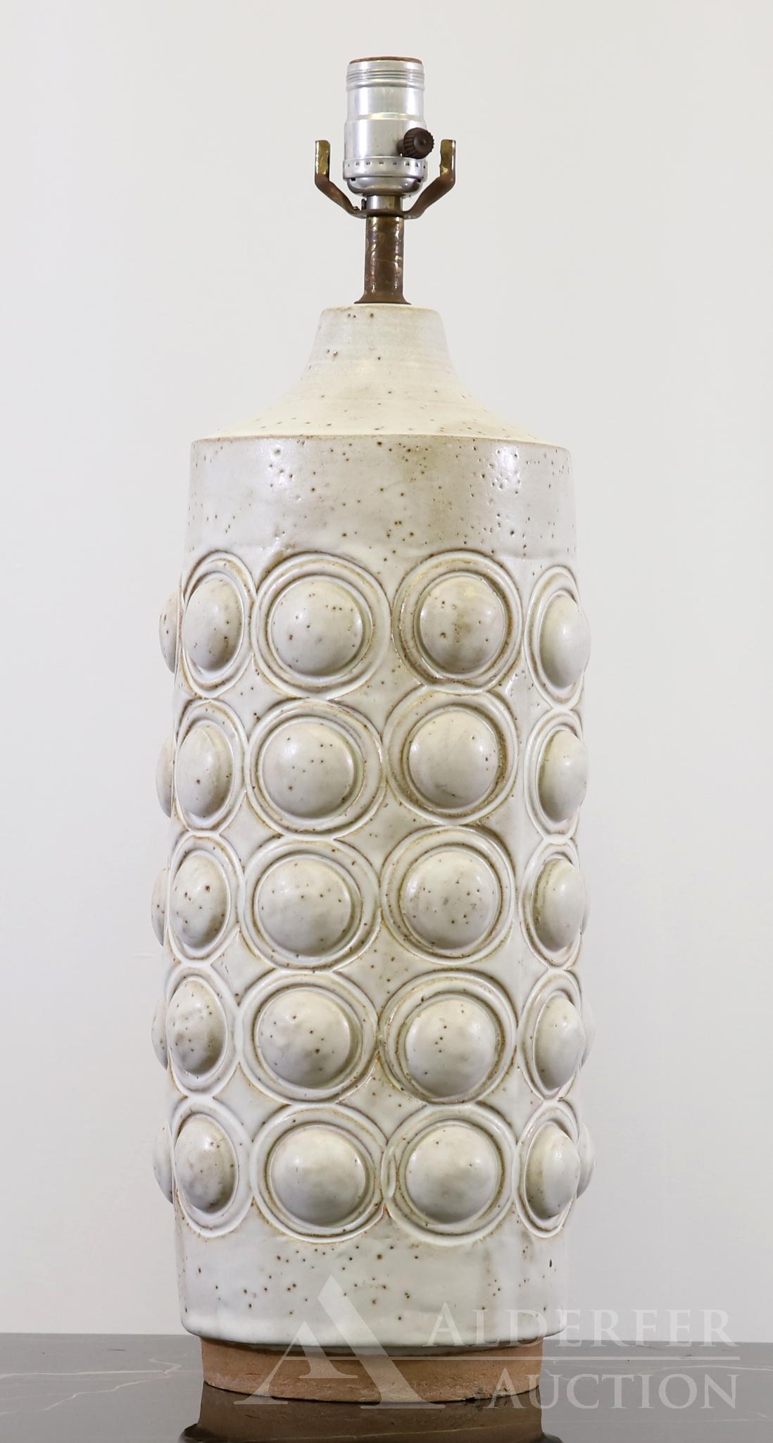 Glazed Stoneware Table Lamp: Earthenware lamp with dimensional surface and white glaze. 21"h