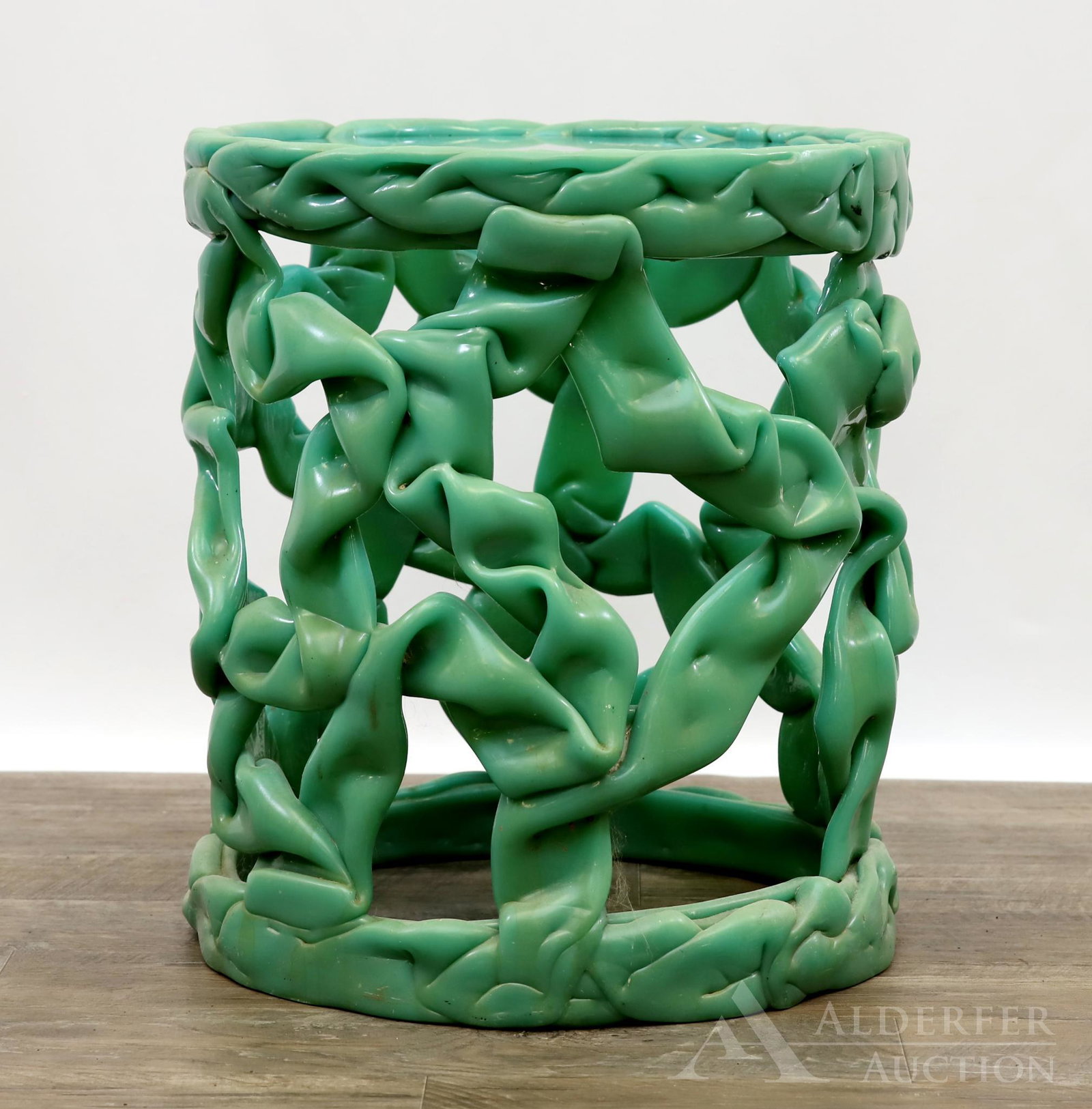 Modernist Abstract Occasional Table: Green plastic with glass top. 16.5"h x 14.5 round