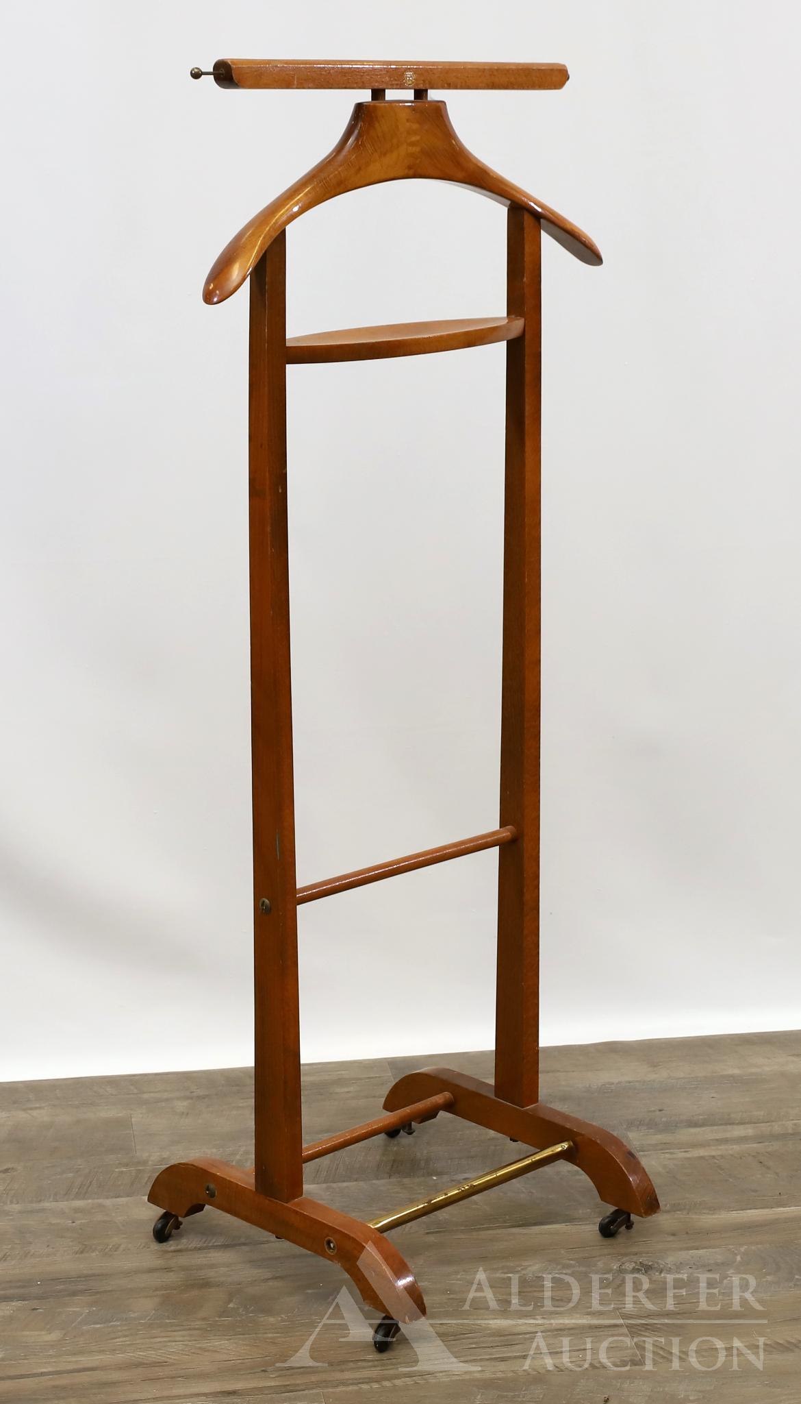 FR Italian Valet: Italian suit stand with maker stamp on top. 42"h x 18"w x 14"d