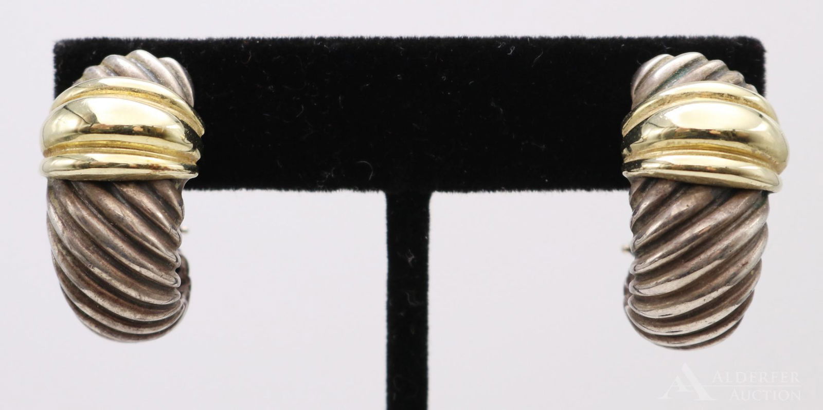 David Yurman Sterling 14KY Gold Earrings: Omega back post J hoops. Sterling silver with 14KY posts and detailing. 1" long. Slight taper up to 5/8". 16.0gtw.