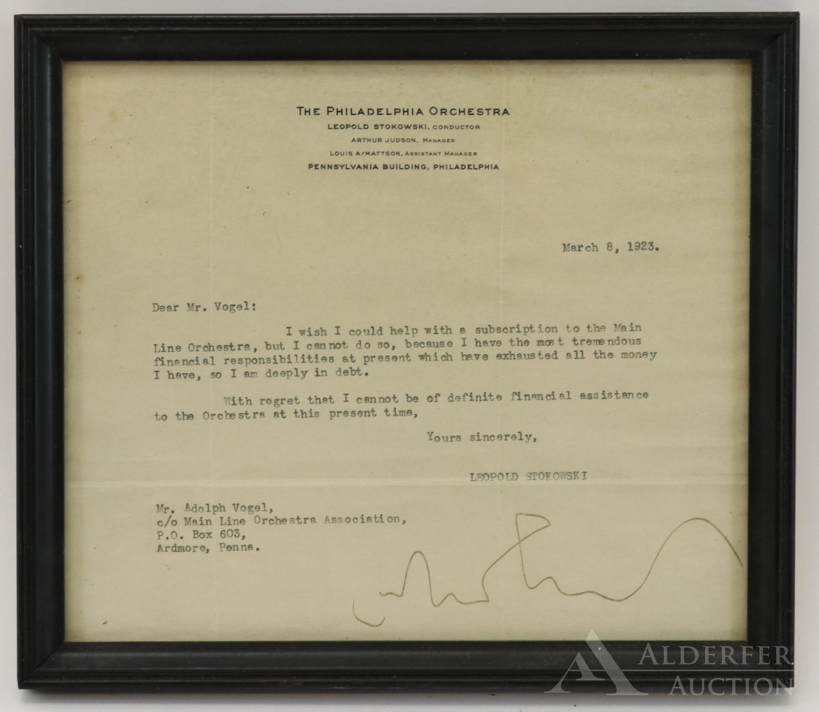 Autograph of Leopold Stokowski-Famed Conductor: Autograph of Leopold Anthony Stokowski (1882-1977) famed conductor and noted for his appearance in the Disney film "Fantasia". Autograph being on a typed letter signed (TLS) dated March 8, 1923. Lette