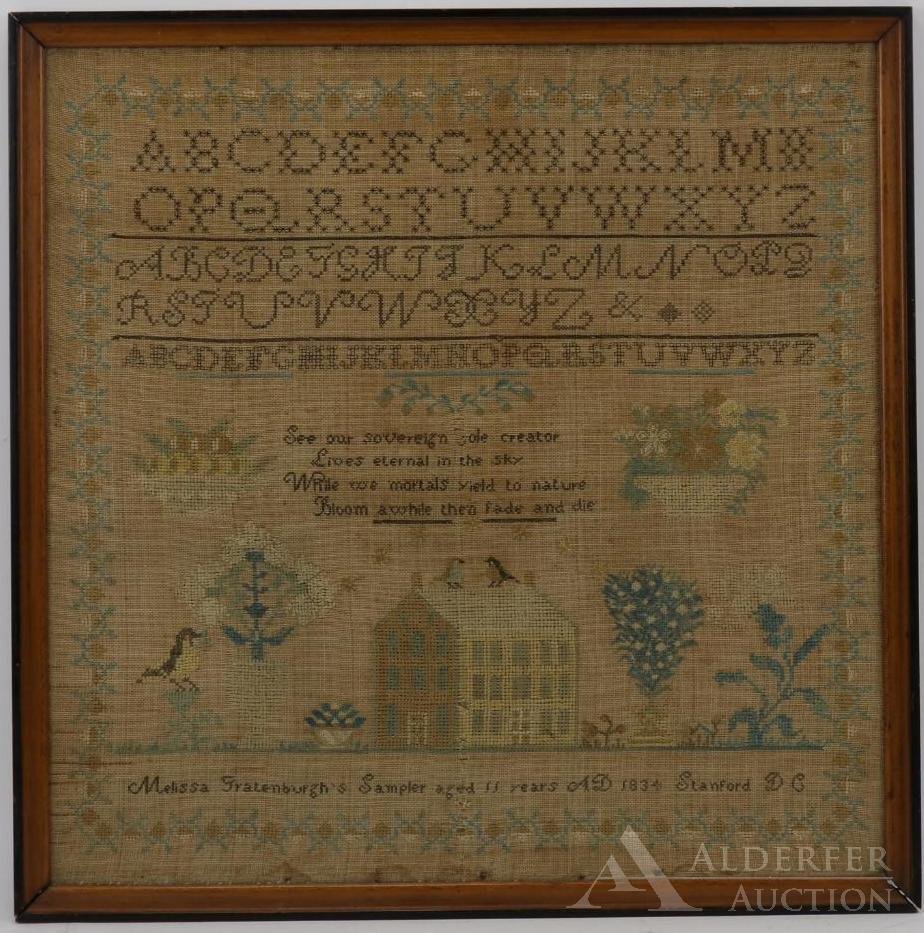 Alphabet Sampler by Melissa Gratenburgh, Stanford DC: Sampler stitched on linen by Melissa Gratenburgh, aged 11 years old. Alphabet with verse written by Selah Gridley with house, trees, and flowers. 17"h x 17"w sight and 18.5"h x 18.5"w framed