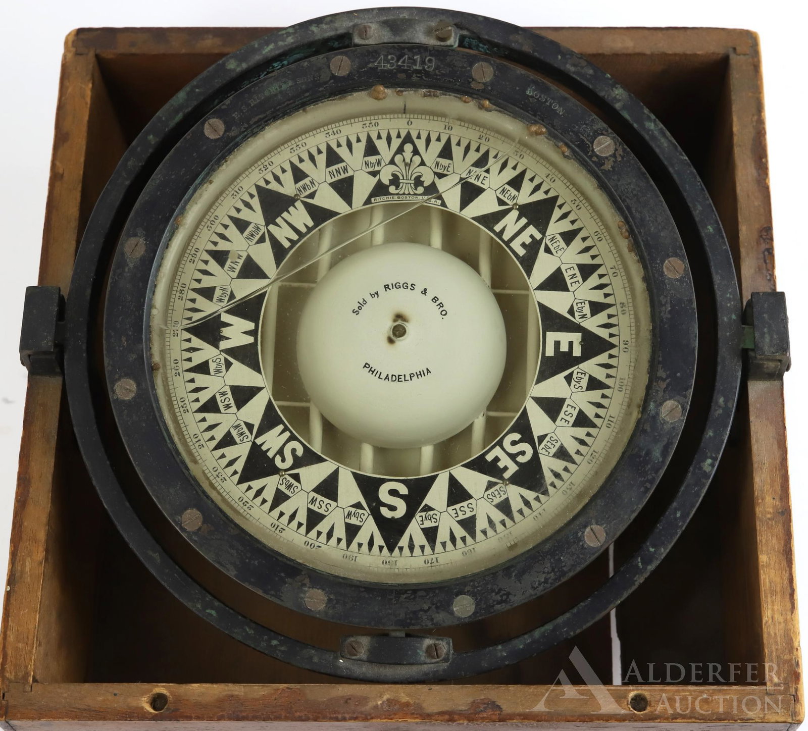 Ritchie & Sons Ship Compass: E.S. Ritchie and Sons ship compass in wood case, serial number 43419, sold to Riggs and Bro., Philadelphia. 6.75"h x 11"w x 11"d