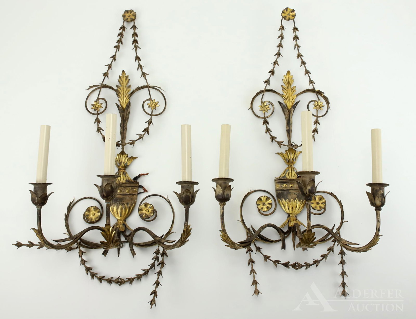 Italian Gilt Metal Wall Sconces: Pair of gilt metal electric wall sconces, 3 arm. 28"h x 15"w